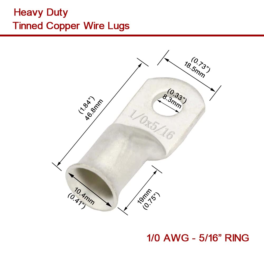 BRAND, CATEGORY, GENERIC, TERMINALS & ENDS, 1 AWG 5/16" Stud (10 pcs.), Battery Ring Terminal, 1 Gauge Connectors, Heavy Duty Wire Lugs, Battery Cable Ends,Tubular Ring Terminal Connectors, Battery Terminal Connectors, Tinned Copper Eyelets