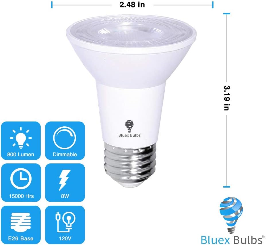 BLUEX BULBS, BRAND, CATEGORY, LED BULBS, 2 Pack PAR20 Outdoor LED Flood Light Bulb 8W 75 Watt Equivalent 500 Lumens Dimmable Waterproof E26 3000K Warm White LED Flood Light Bulbs for Security Led Spotlight Indoor Led Recessed Light Bulbs