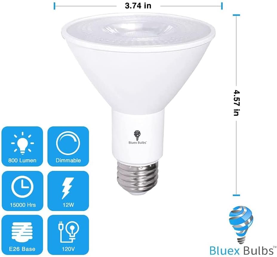 BLUEX BULBS, BRAND, CATEGORY, LED BULBS, 2 Pack PAR30 Outdoor LED Flood Light Bulb 12W 100 Watt Equivalent 900 Lumens Dimmable Waterproof E26 5000K Daylight LED Flood Light Bulbs for Security Led Spotlight Bulb Led Recessed Light Bulbs