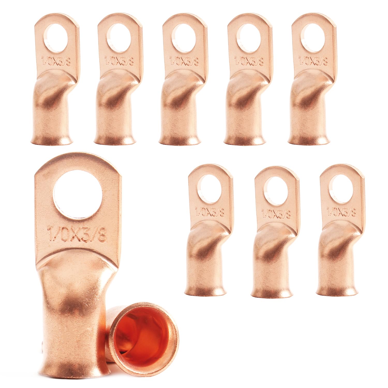 BRAND, CATEGORY, JOYPXF, RING, 10Pcs 1/0 AWG 3/8" Stud Heavy Duty Copper Wire Lugs 1/0 Gauge Copper Ring Terminals Battery Cable Ends Bare Copper Eyelets Tubular Ring Terminal for Car Boat Marine