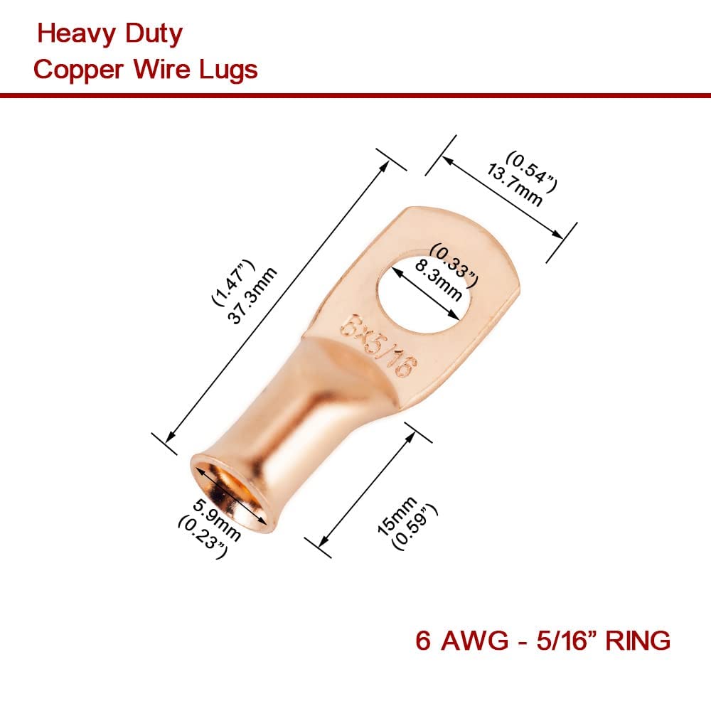 BRAND, CATEGORY, JOYPXF, RING, 16Pcs Battery Cable Ends 6 AWG 5/16" Stud Copper Ring Terminals Wire Lugs with 16Pcs Heat Shrink Tubing 6 Gauge Battery Cable Lugs Heavy Duty Cable Lugs Bare Copper Eyelets Tubular Ring Terminal