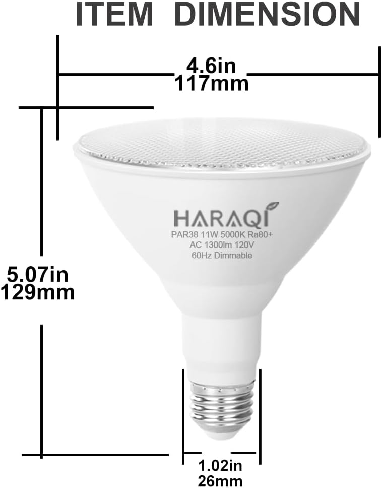 BRAND, CATEGORY, HARAQI, LED BULBS, 2 Pack 120V E26 Base PAR38 11W LED Flood Dimmable Light Bulb, 1300LM 5000K Daylight White Light, 100W Equivalent Reflector Flood Replacement Light Bulbs