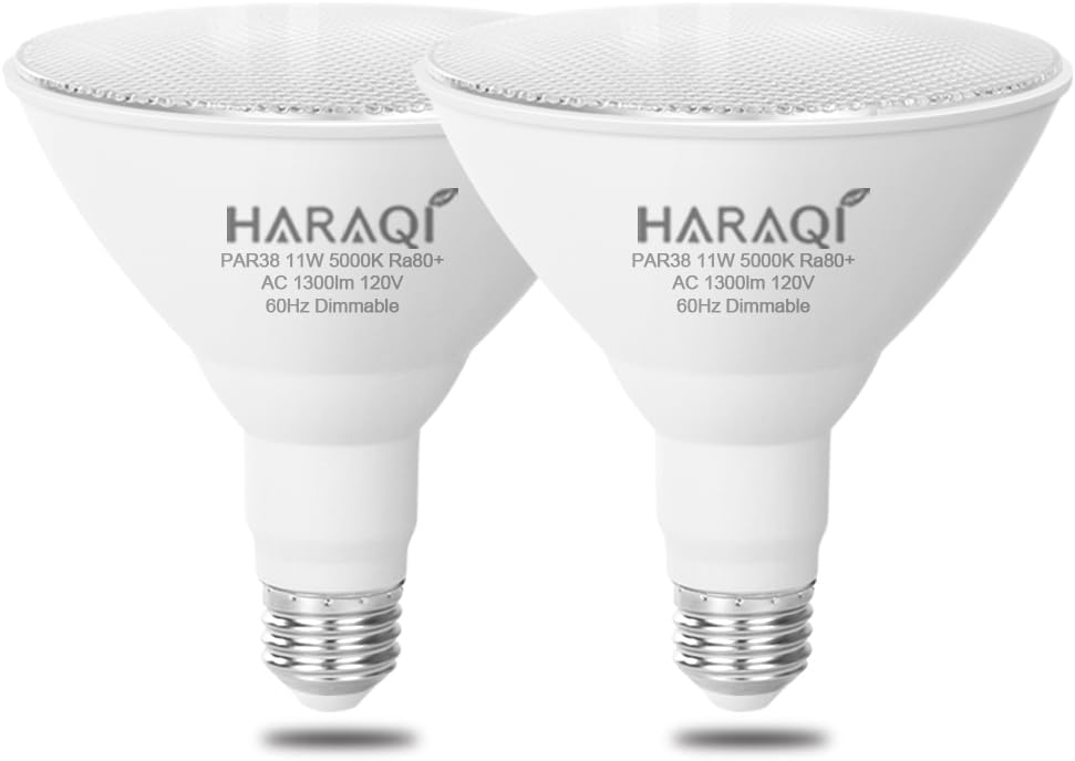 BRAND, CATEGORY, HARAQI, LED BULBS, 2 Pack 120V E26 Base PAR38 11W LED Flood Dimmable Light Bulb, 1300LM 5000K Daylight White Light, 100W Equivalent Reflector Flood Replacement Light Bulbs