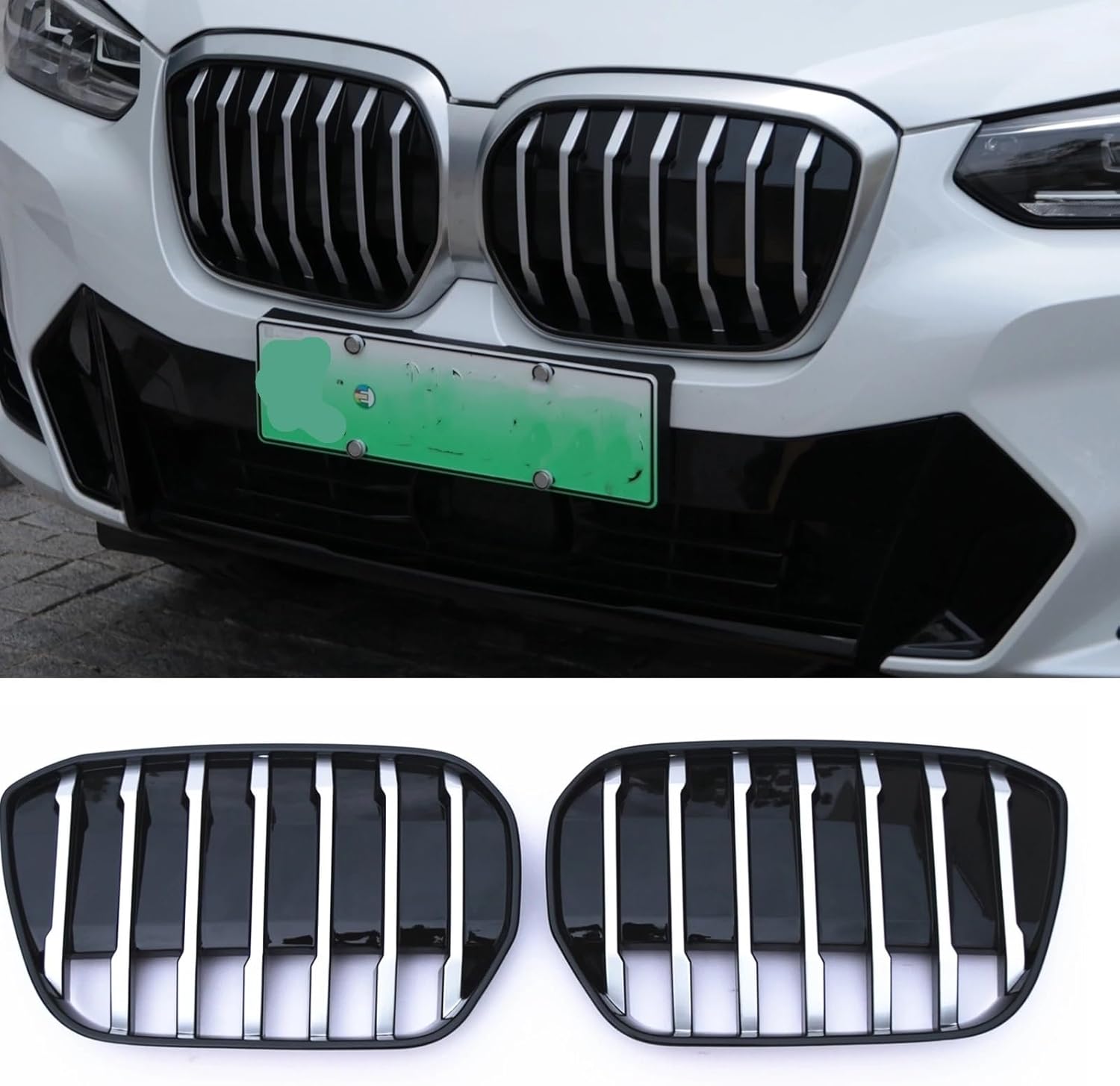 BRAND, CATEGORY, GRILLES, PNBJN, 2 Pcs Front Kidney Grille Compatible for BMW IX3 2022 2023 Silver/Black Racing Grills Upper Bumper Intake Hood Mesh Vent Cover Grid Body Kit(Black)