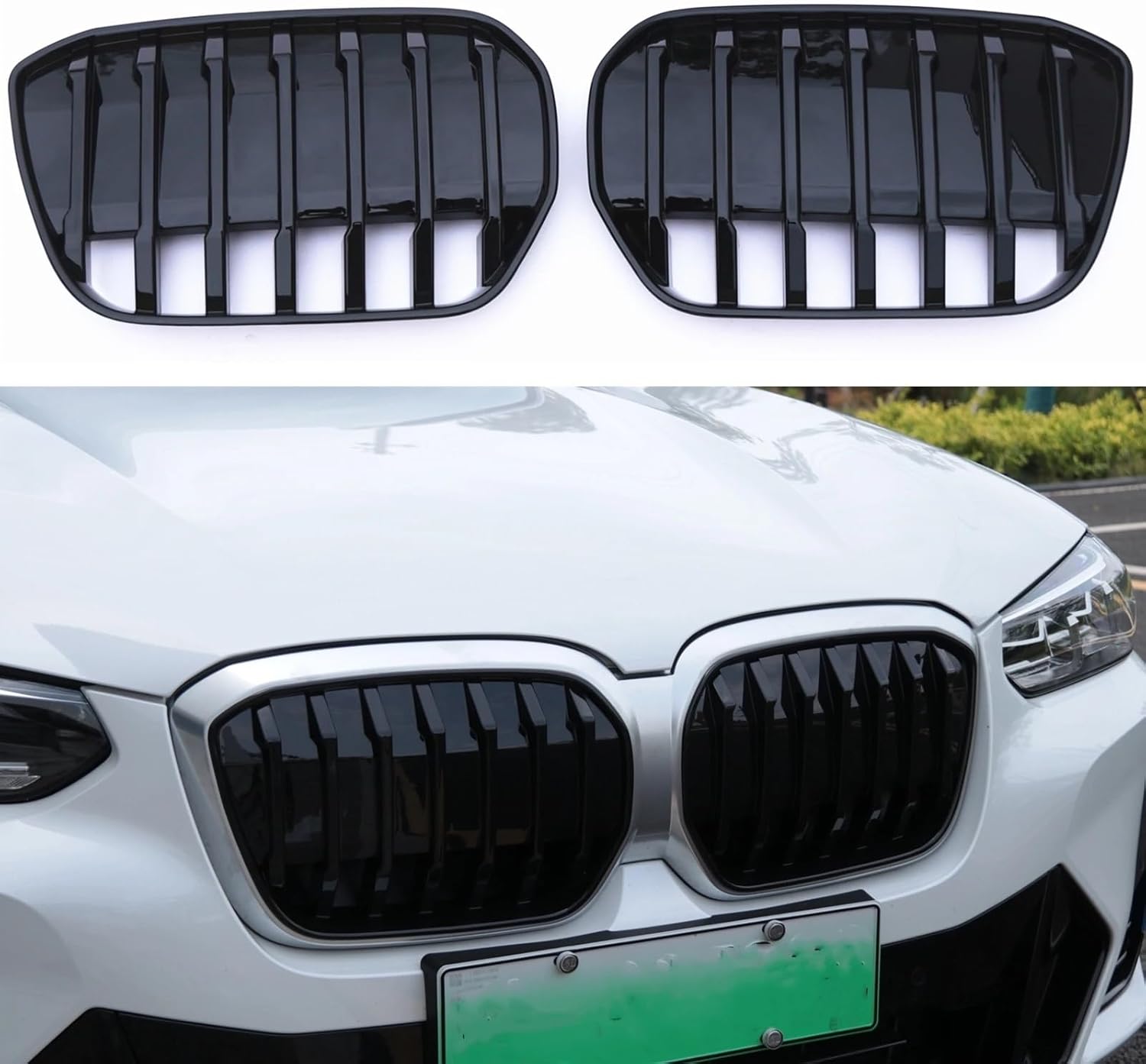 BRAND, CATEGORY, GRILLES, PNBJN, 2 Pcs Grill Front Kidney Grille Compatible for BMW IX3 2022 2023 Black/Silver Upper Bumper Hood Mesh Air Vent Radiator Cover Grid Body Kit(Black Silver)