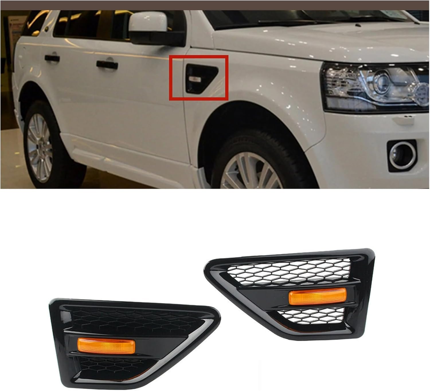 BRAND, CATEGORY, GRILLES, HXYAIEOGD, 2PCS Car Side Flow Vent Fender Outlet Grille Cover Trim W/Lamp Front Hood Intake Compatible With Land Rover Freelander 2 LR2 2006-2016