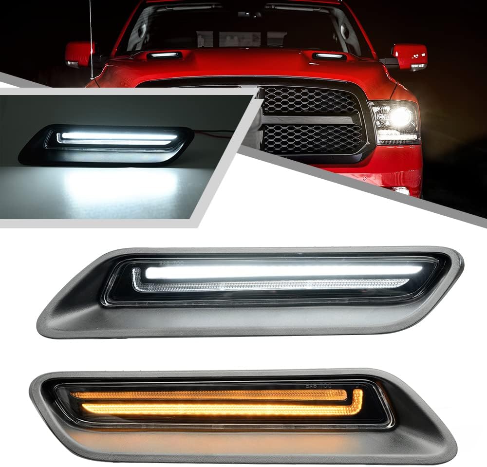 BRAND, CATEGORY, MINGRUI TEST, SIDE MARKER ASSEMBLIES, 2Pcs White&Amber LED Hood Scoop Light for 2010-2018 Ram 1500 Sport Hood Air Flow Vent Grille Lamp with DRL Turn Signal Lights Functions Clear Lens