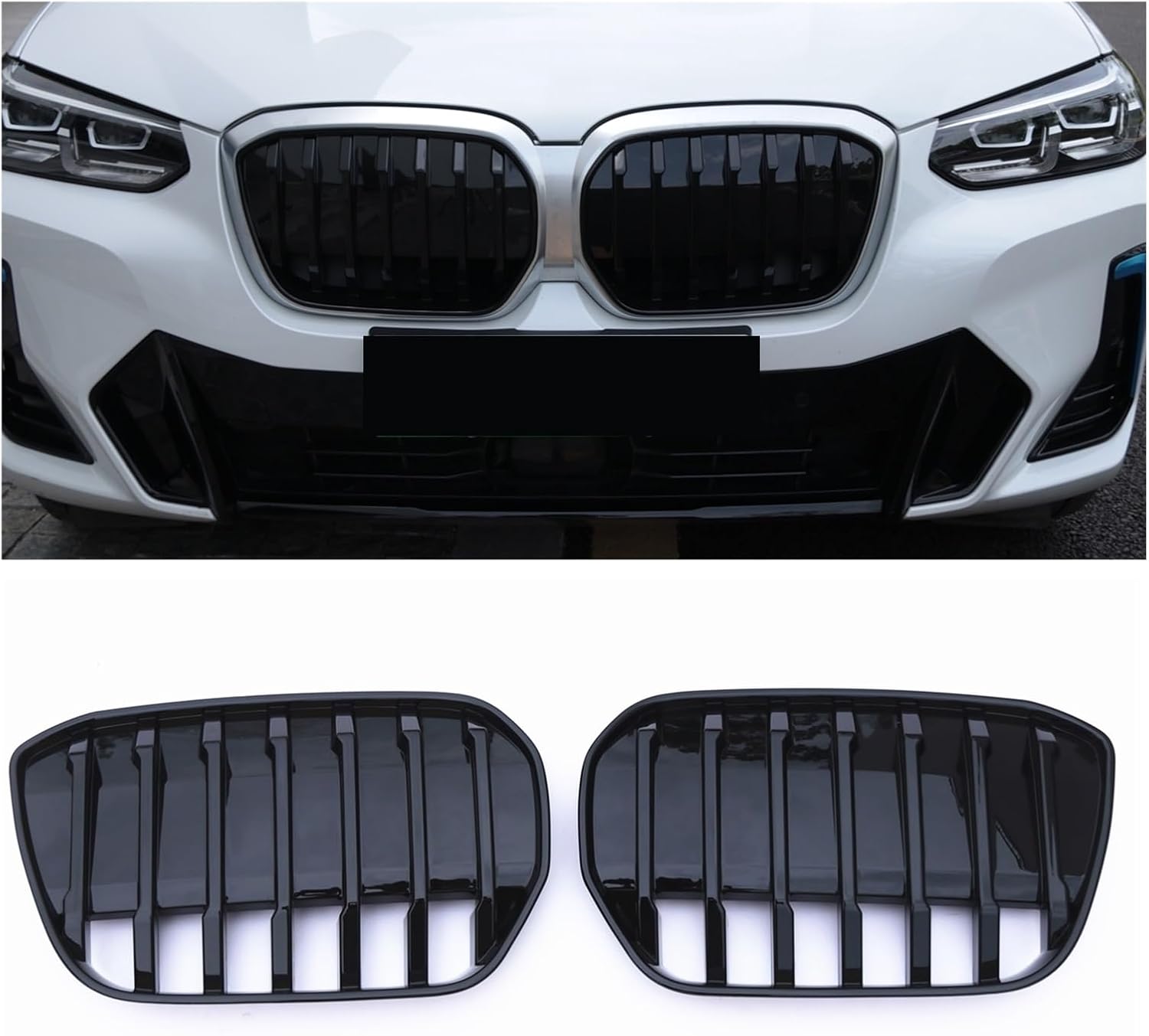 BRAND, CATEGORY, GRILLES, TYJFGJHG, 2pcs Front Kidney Grille Compatible For BMW IX3 2022 Black/Silver Car Upper Bumper Hood Mesh Air Vent Intake Cover Grid Kit Racing Grills (Color : Black)