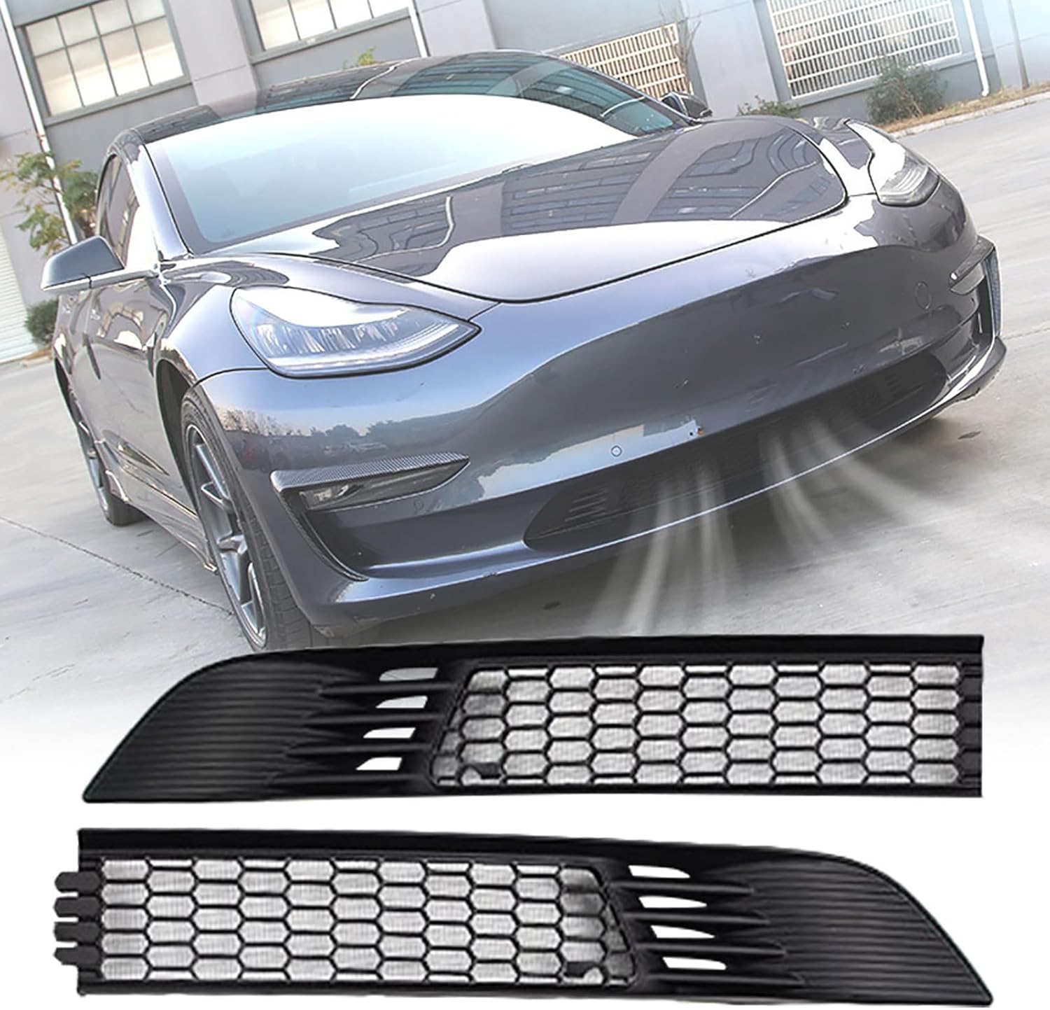 BRAND, CATEGORY, CRJUS, GRILLES, 2pcs Matte Black Car Front Bumper Hood Vent Grille Anti Insect Net Cover Protective Mesh Grill Panel,For Tesla Model 3 2017-2022