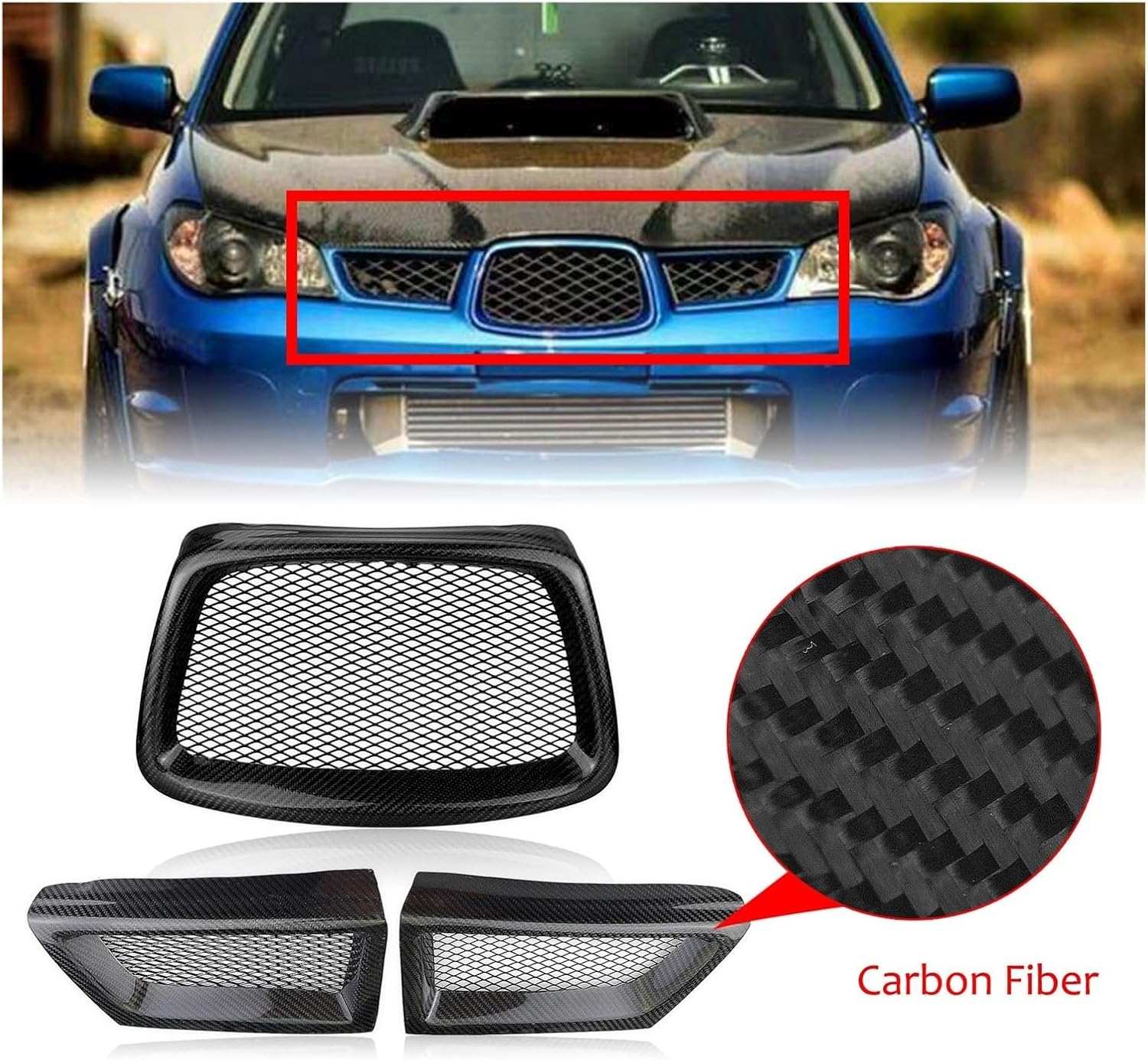 BRAND, CATEGORY, GRILLES, SCHAAN, 3pcs Front Grille Grills Compatible For Subaru Impreza 9th WRX STI 2006-2007 Carbon Fiber Car Upper Bumper Air Vent Intake Hood Mesh Grid