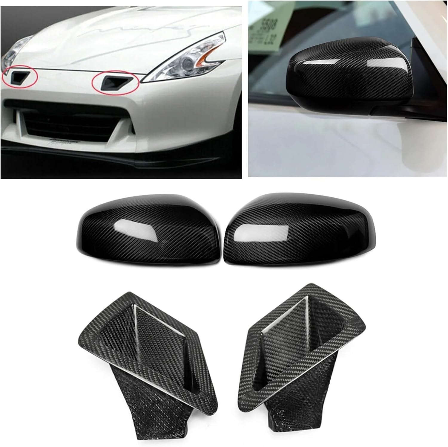 BRAND, CATEGORY, EXTERIOR MIRRORS, KARMOP, 4PCS Carbon Fiber Front Side Air Vent Duct Outlet Bonnet Hood & Rear View Mirror Shell Cover compatible with 370Z Z34 2009-2017 (Color : Option A)