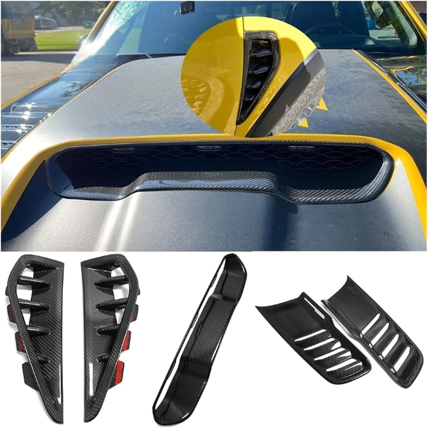 BRAND, BUMPERS, CATEGORY, HUAGF, 5Pcs Carbon Fiber Exterior Front Enging Hood Strip Side Fender Air Vent Cover Trim Accessories Compatible for Dodge Ram 1500 TRX 2019-2023