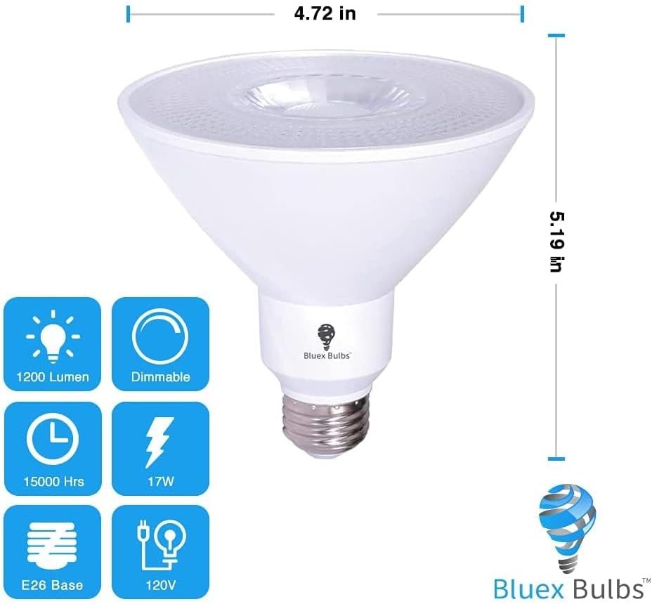 BLUEX BULBS, BRAND, CATEGORY, LED BULBS, 6 Pack High Power Outdoor PAR38 17W 170Watt Equivalent 1700 Lumens LED Dimmable Flood Light Bulb Waterproof E26 4000K Cool White LED Flood Light Bulbs Security Backyard Garage Led Spotlight Bulbs