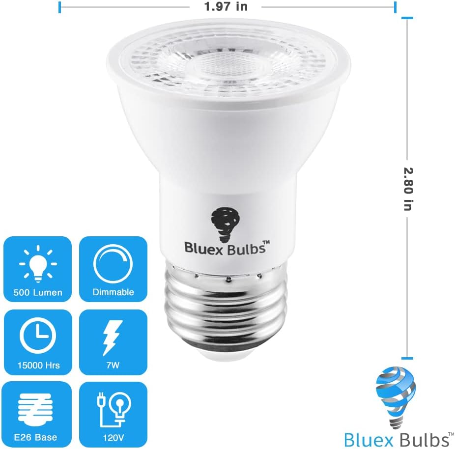 BLUEX BULBS, BRAND, CATEGORY, LED BULBS, 6 Pack PAR16 LED Bulb Long Neck 7W 75 Watt Equivalent 500 Lumens E26 3000K Warm White Dimmable Bright LED Track Lighting Bulbs Mini Light Bulbs, Short Light Bulbs, Flood Light PAR16 LED Spotlight Bulb