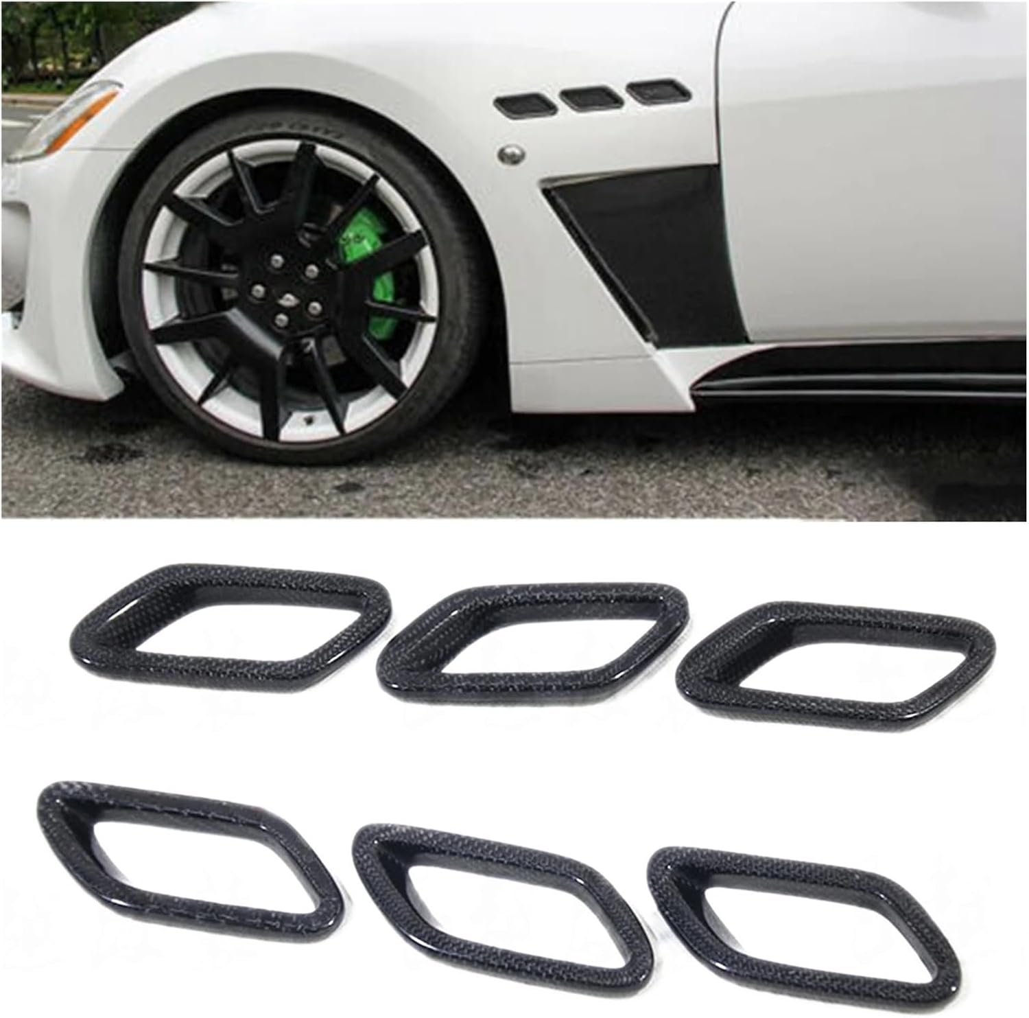 BODY, BRAND, CATEGORY, IRNUDENY, 6pc Real Carbon Fiber Car Wheel Fenders Side Air Out Vent Trim Bezel Intake Hood Cover Frame Sticker Compatible for Maserati GC 2007-2017