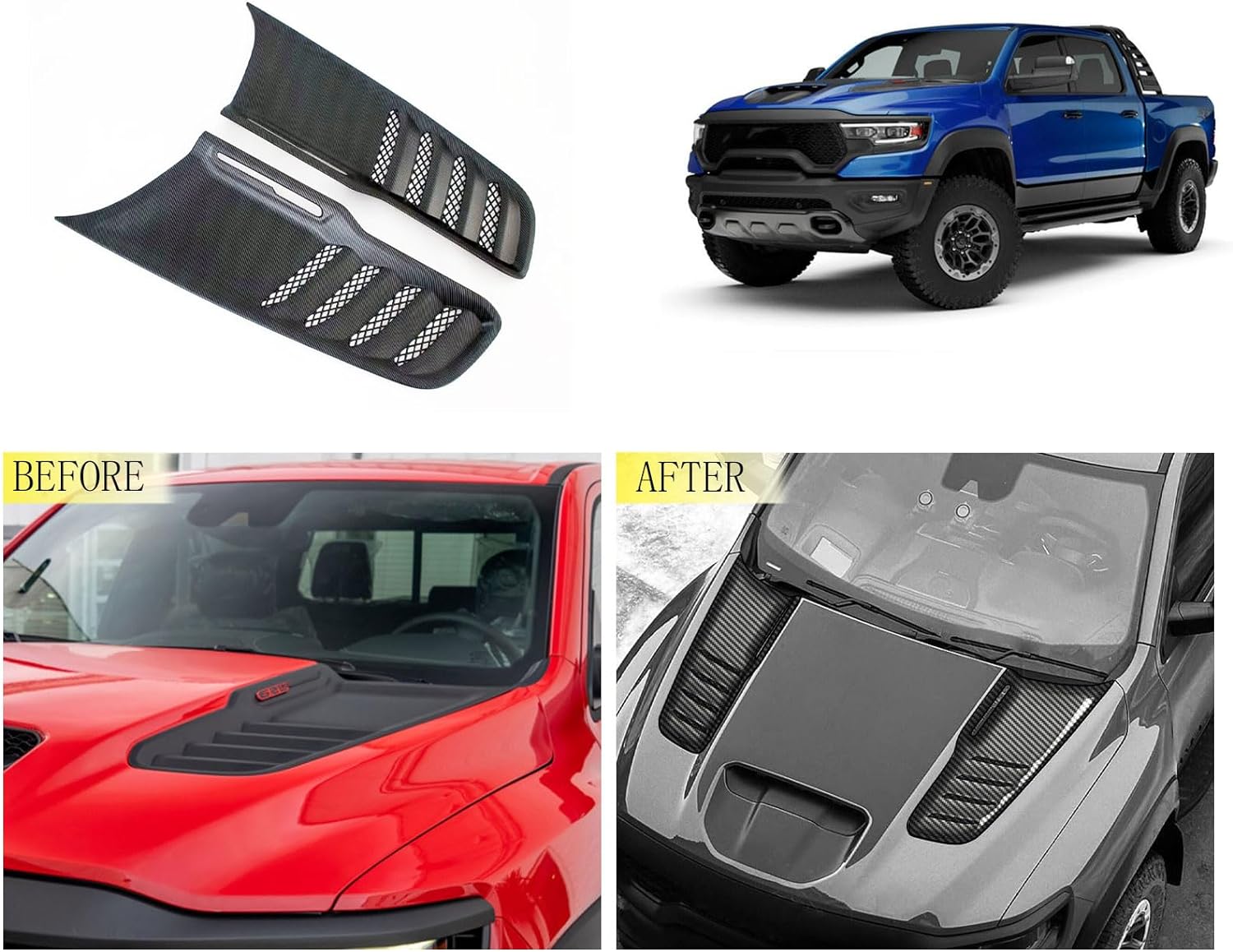 BRAND, CATEGORY, HOOD VENTS, TUBAIZAI, Car Accessories Compatible With Dodge Ram 1500 2022 2023 2024 Hood Vent Air Flow Intake Side Scoop Hood Cover Trims ABS 2PCS(Carbon Fiber Style)