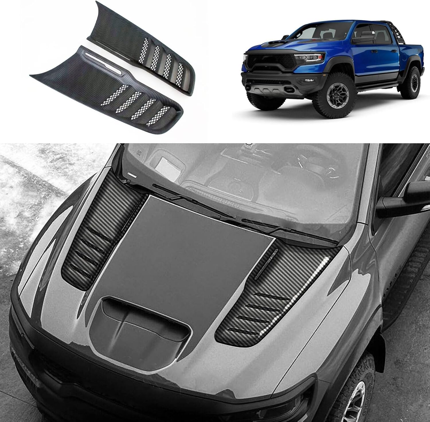 BRAND, CATEGORY, HOOD VENTS, TUBAIZAI, Car Accessories Compatible With Dodge Ram 1500 2022 2023 2024 Hood Vent Air Flow Intake Side Scoop Hood Cover Trims ABS 2PCS(Carbon Fiber Style)