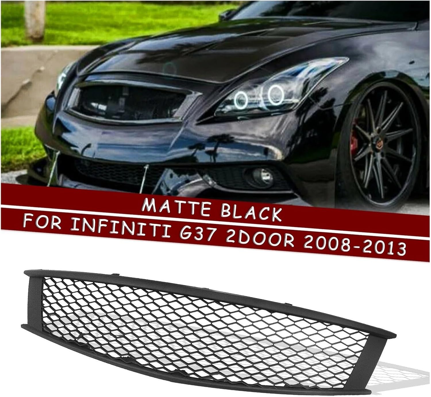 BRAND, CATEGORY, GRILLES, PDSENG, Car Front Grill Grille Upper Bumper Hood Mesh Compatible for Infiniti G37 Base Coupe Convertible X Sport 2009-2015 Honeycomb Style(CF Look)