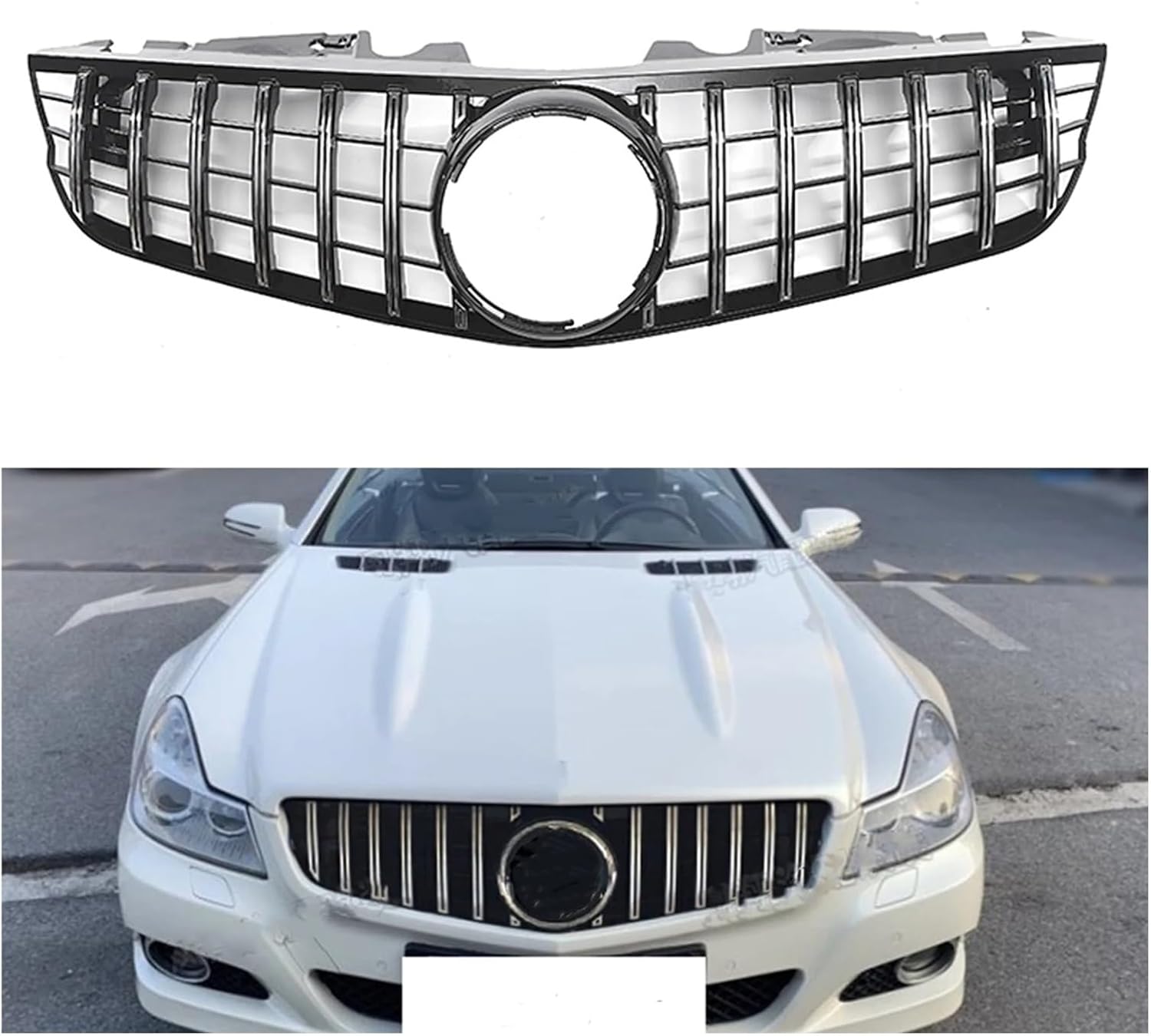 BRAND, CATEGORY, FLBGMXKZ, GRILLES, Car Front Grille Grill Upper Bumper Hood Vent Mesh Grid Compatible With Mercedes-Benz R230 SL Class SL500 SL550 SL63 2009-2012(Silver)