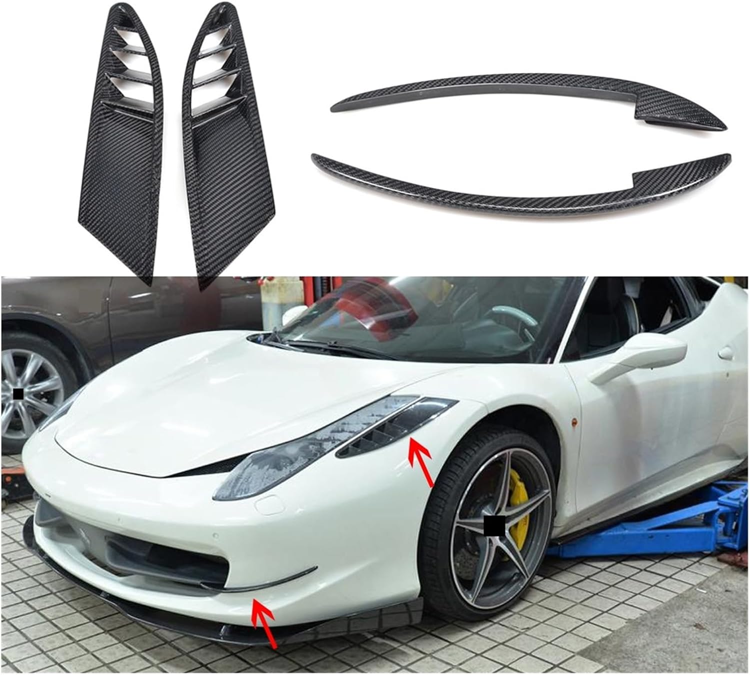 BRAND, BUMPERS, CATEGORY, YUFENGJUN, Carbon Fiber Car Front Air Intake Flow Vents and Front Bumper Wing Canards Case Compatible for Ferrari 458 Base Coupe 2 Door 2011-2013 4PCS(Only Hood Air Vents)