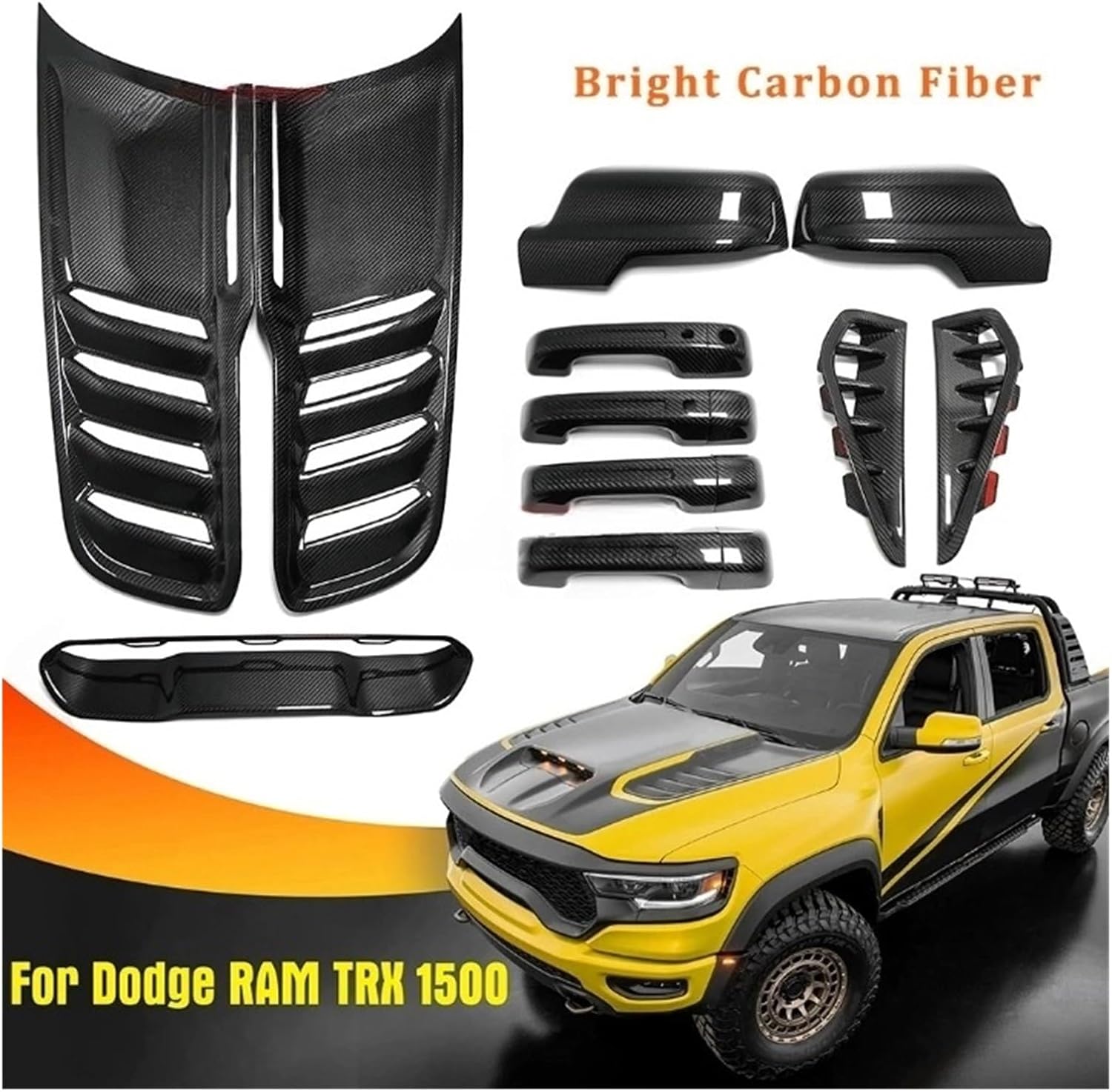 BRAND, BUMPERS, CATEGORY, HUAGF, Carbon Fiber Exterior Car Side Fender Vent Engine Hood Panel Door Handle Mirror Cover Trim Compatible For Dodge RAM 1500 TRX Off-Road 2019+(Engine Hood A)