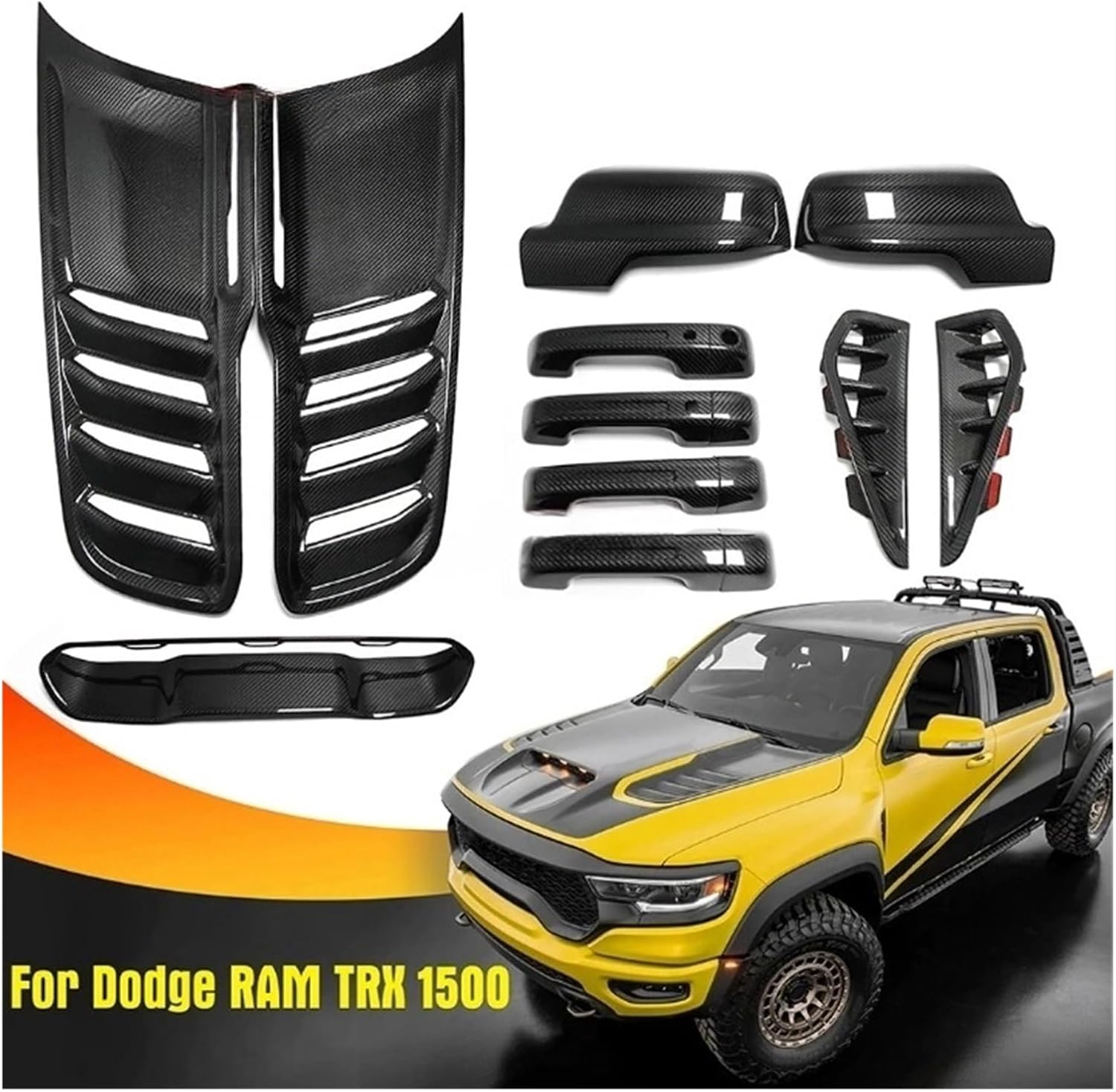 BRAND, BUMPERS, CATEGORY, HUAGF, Carbon Fiber Exterior Trim Compatible Compatible for Dodge Ram TRX 1500 2500 2019-2023 Car Engine Hood Side Fender Vent Panel Door Handle Mirror Cover(Engine Hood B)