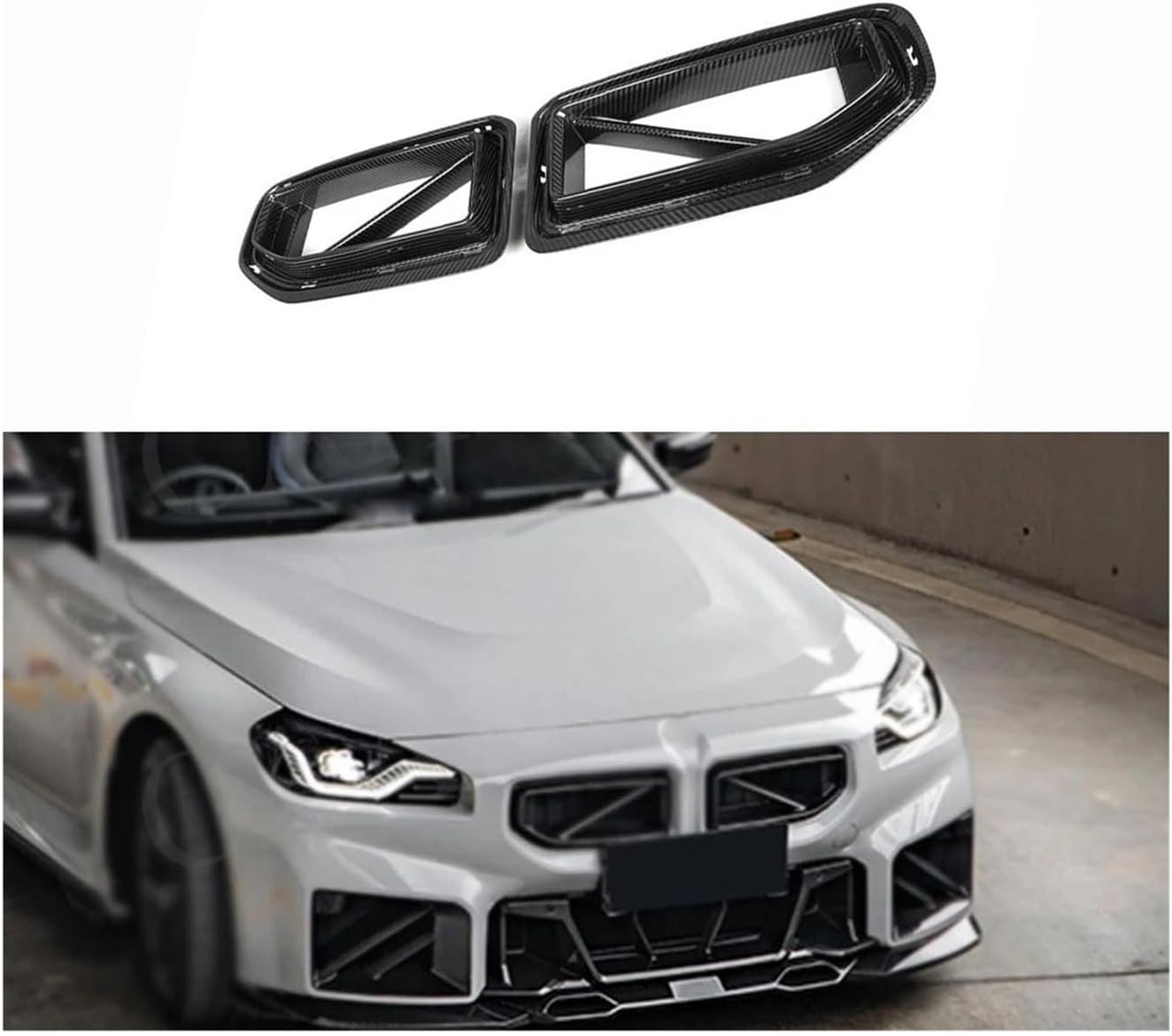 BRAND, CATEGORY, GRILLES, RRXNUPFB, Carbon Fiber Hood Grille Racing Grills,Compatible For BMW G87 M2 2023+ Front Bumper Air Vent Cover Trim Foglamp Mesh Grill Frame Facelift(FRP Black Primer)