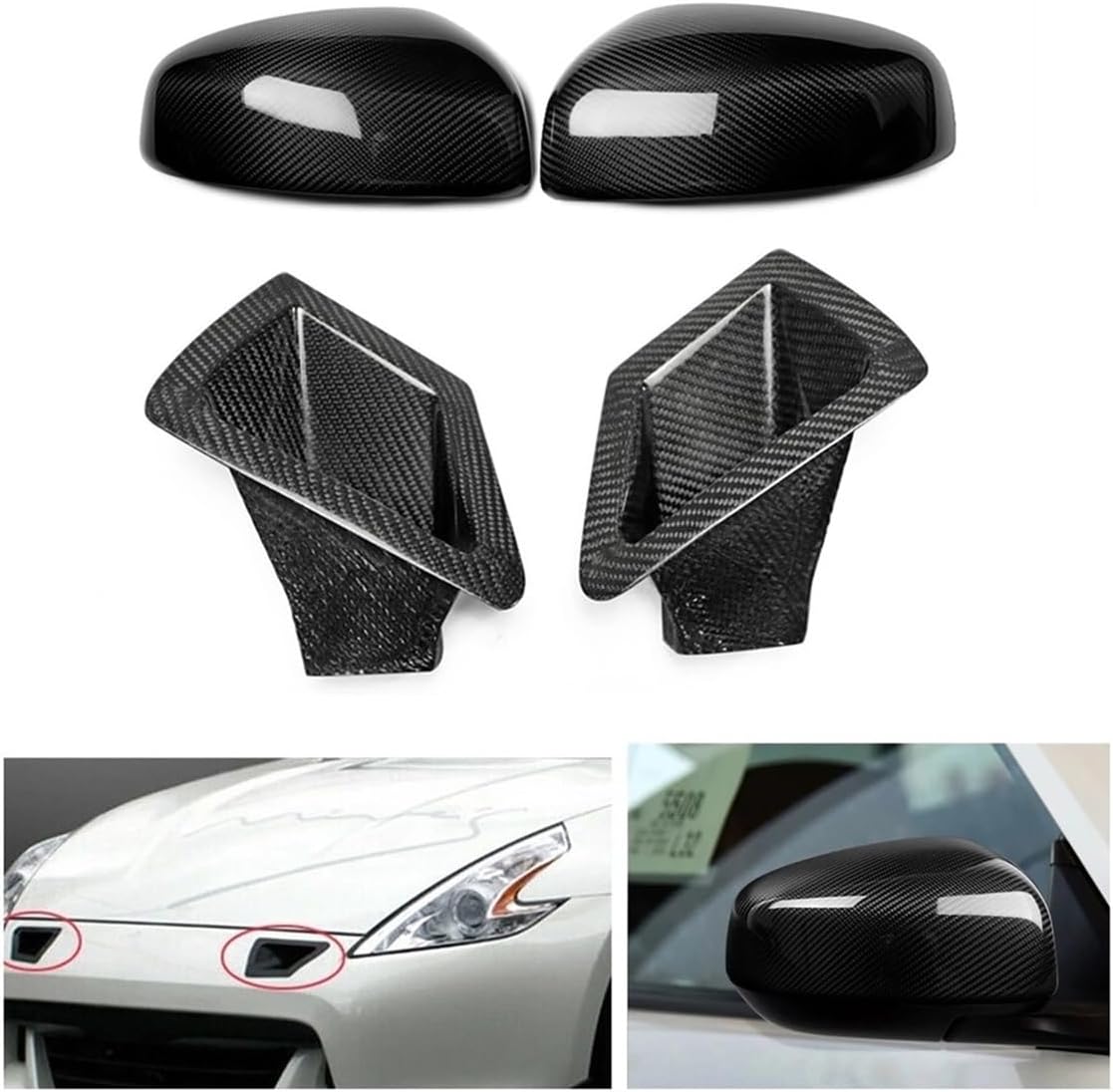 BRAND, CATEGORY, EXTERIOR MIRRORS, MSCSUTEU, Carbon Fiber Rear View Mirror Cover Shell+Front Bumper Side Vent Air Duct Outlet Bonnet Hood Scoop Compatible For Nissan 370Z Z34 2009-2017(Option A black)