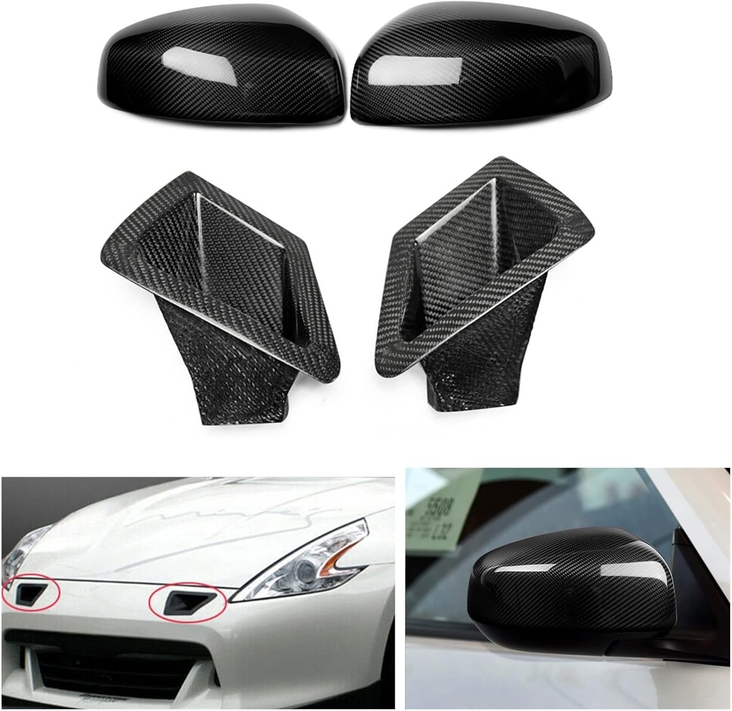 BRAND, CATEGORY, EXTERIOR MIRRORS, HUANJIANQ, Carbon Fiber Rear View Mirror Cover Shell+Front Bumper Side Vent Air Duct Outlet Bonnet Hood Scoop Compatible For Nissan 370Z Z34 2009-2017(Option C)