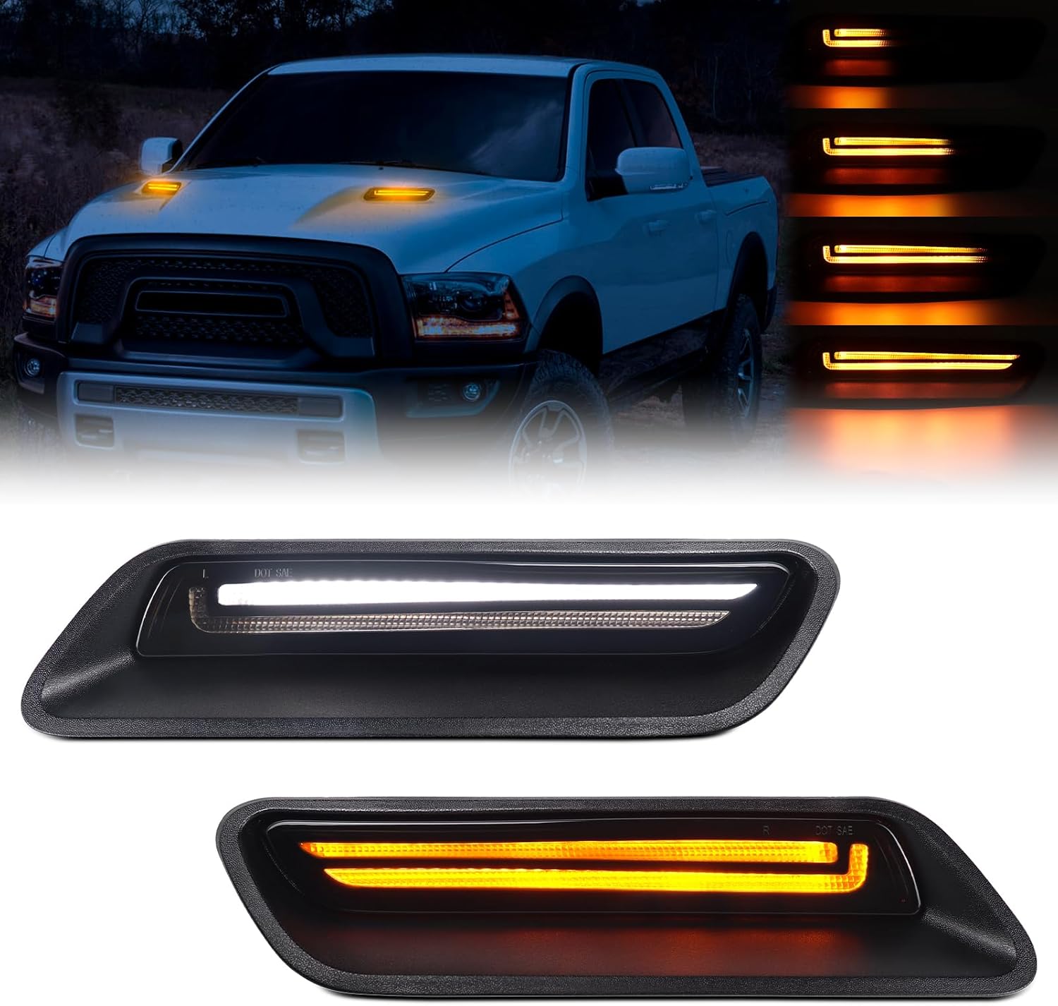 BRAND, CATEGORY, FETONAUTO, HOODS, Clear Lens Sequential LED Hood Vent Scoop Lights for 2010-2018 Ram 1500/2019-2022 Ram 1500 Classic, Switchback Dynamic Amber Turn Signal White Position Hood Bezel Driving Light