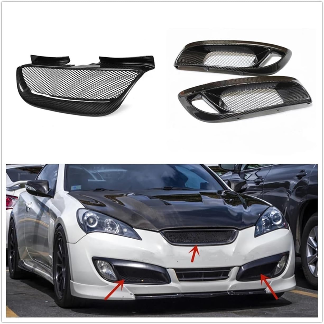 BRAND, CATEGORY, GRILLES, UNBIT, Compatible For Hyundai Genesis Coupe 2008-2012 Front Grille+Fog Light Cover Grill Carbon Fiber Bumper Hood Mesh Lamp Air Intake Vent Frame