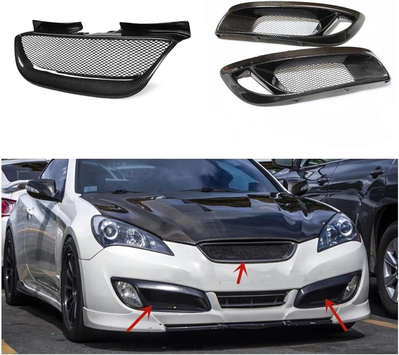 BRAND, CATEGORY, GRILLES, IALQXYCX, Compatible For Hyundai Genesis Coupe 2008-2012 Front Grille+Fog Light Cover Grill Carbon Fiber Bumper Hood Mesh Lamp Air Intake Vent Frame