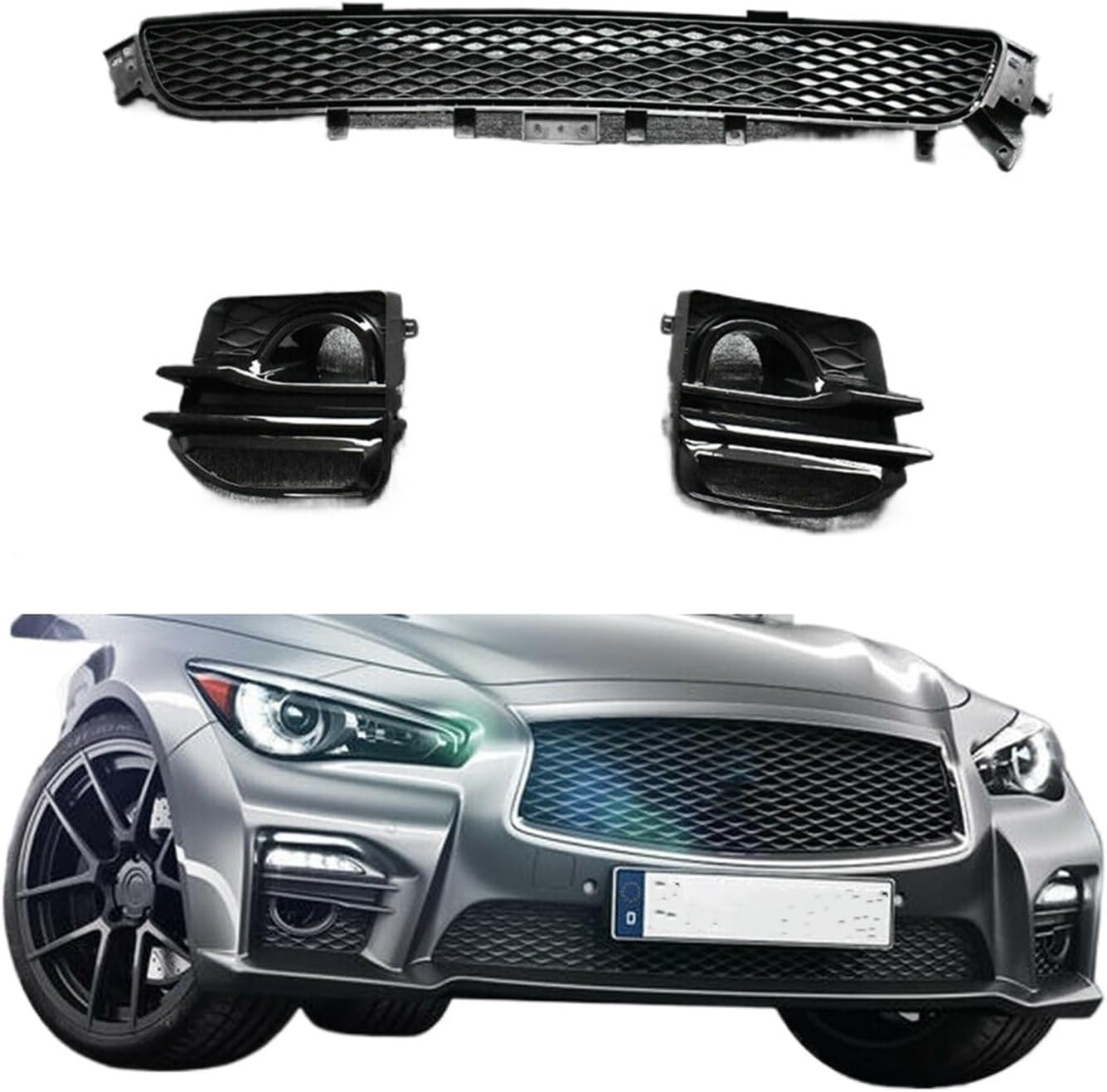 BRAND, CATEGORY, GRILLES, HBANGGUO, Compatible For Infiniti Q50 2014-2017 Only Front Lower Grill+Fog Light Lamp Cover Bumper Hood Air Vent Intake Frame Grille Bezel