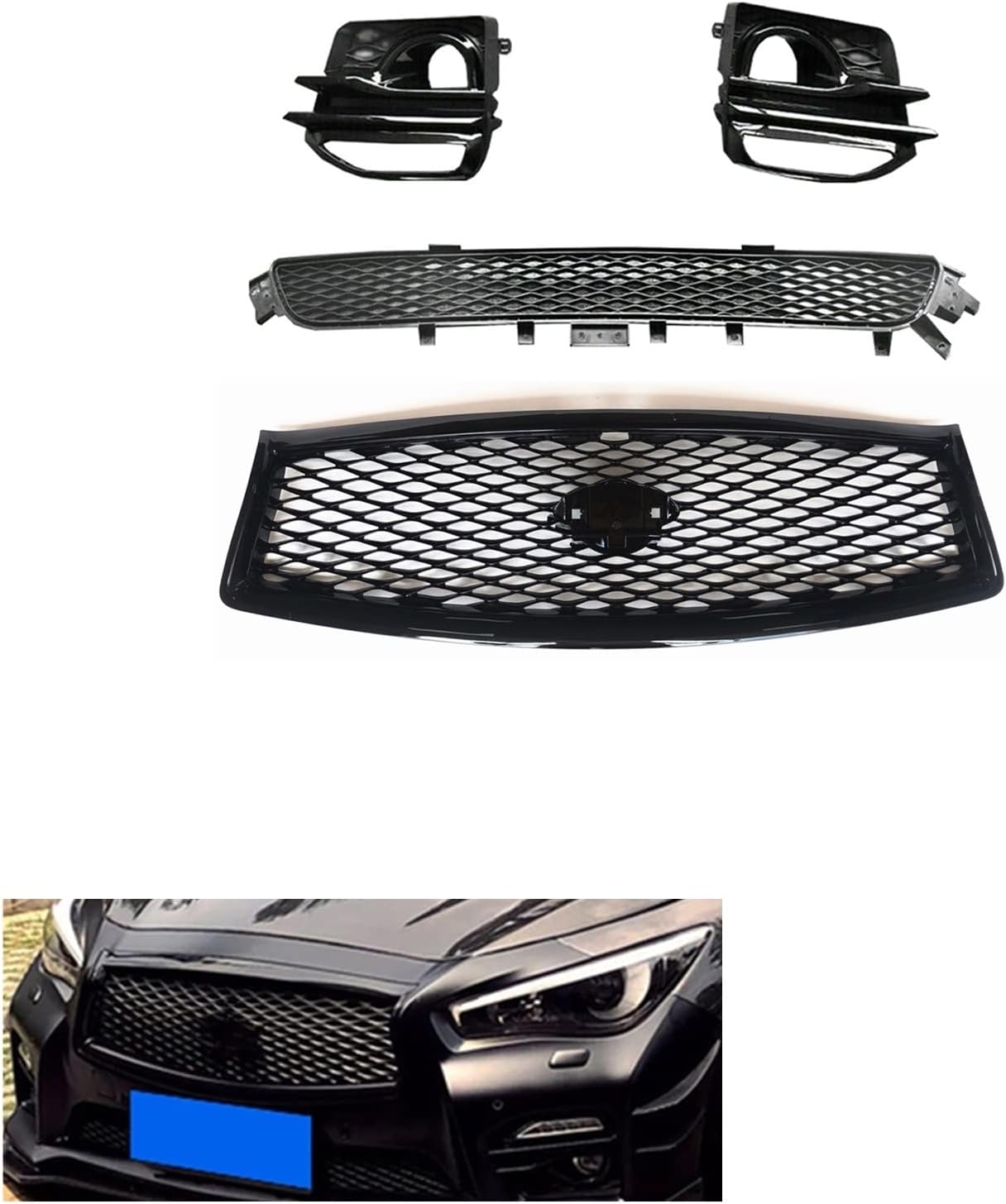 BRAND, CATEGORY, GRILLES, LJBLJF, Compatible For Infiniti Q50 2014-2017 Sport Front Upper Bumper Hood Grille+Lower Grill+Fog Light Cover Frame Car Side Air Vent Mesh Trim