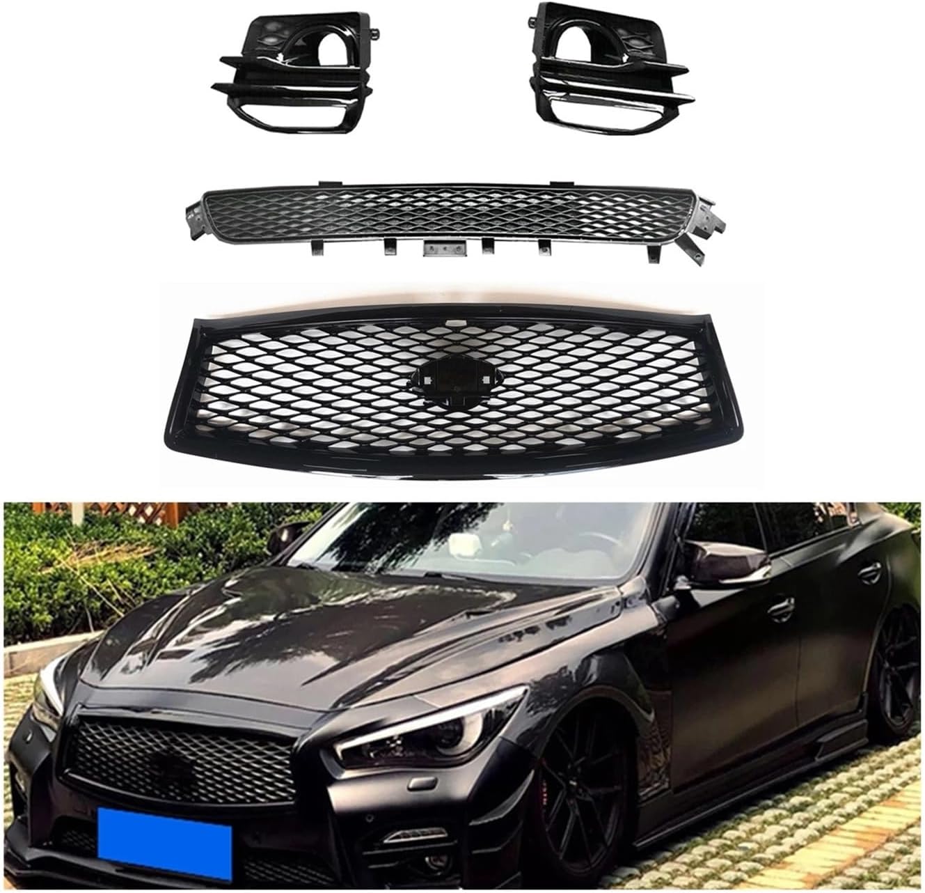 BRAND, CATEGORY, GRILLES, YTTGHGHF, Compatible For Infiniti Q50 2014-2017 Sport Front Upper Grille+Lower Grill+Fog Light Cover Frame Car Body Kit Hood Mesh Side Air Vent Trim, Glossy Black, junjun9311 mall