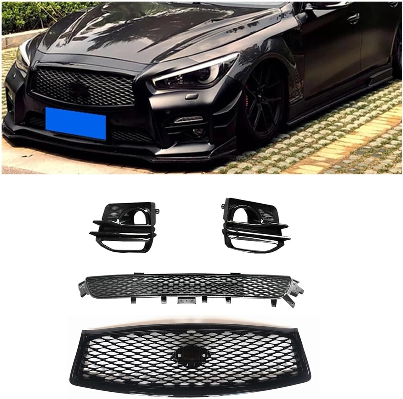 BRAND, CATEGORY, GRILLES, IALQXYCX, Compatible For Infiniti Q50 2014-2017 Sport Front Upper Grille+Lower Grill+Fog Light Cover Frame Car Body Kit Hood Mesh Side Air Vent Trim