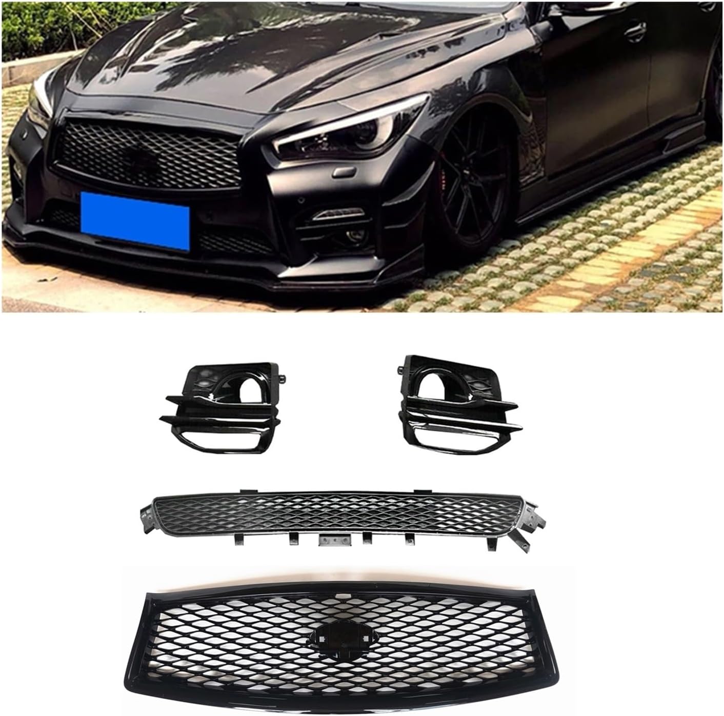 BRAND, CATEGORY, GRILLES, HUANGTABR, Compatible For Infiniti Q50 2014-2017 Sport Front Upper Grille+Lower Grill+Fog Light Cover Frame Hood Mesh Side Air Vent Intake Frame Trim