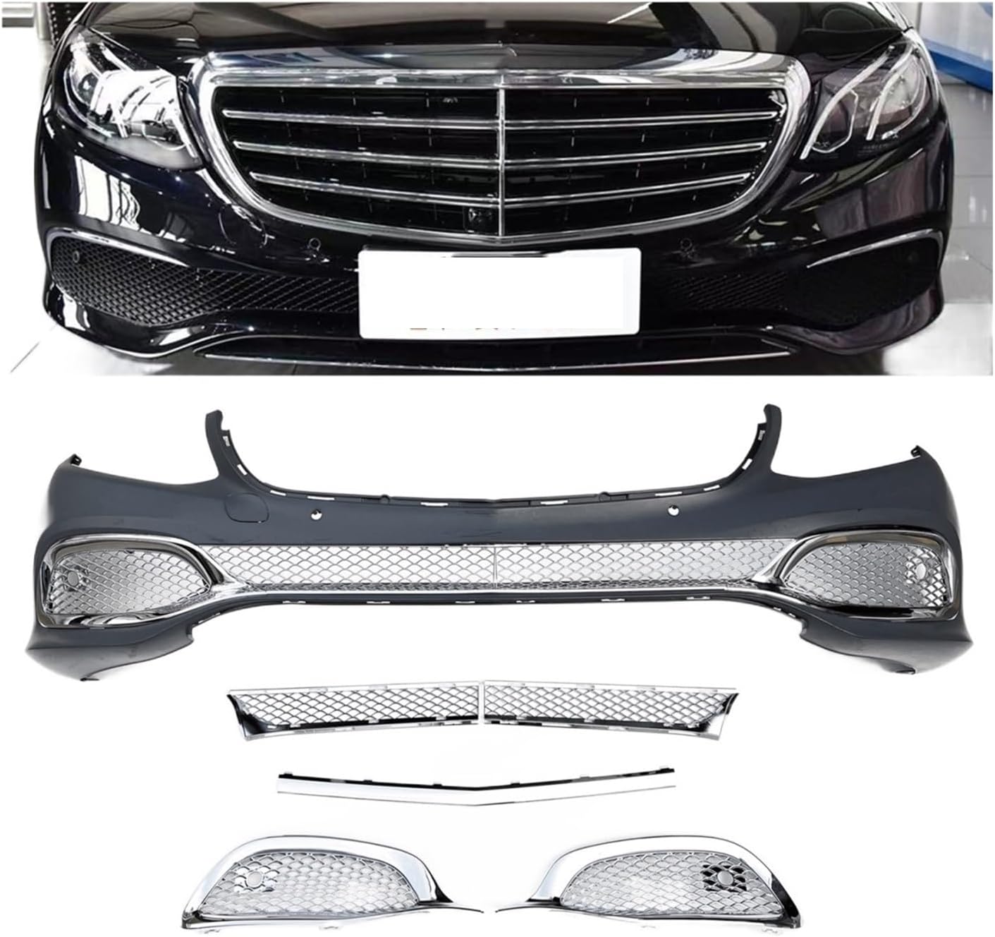 BRAND, CATEGORY, GRILLES, KIYAH, Compatible For Mercedes Benz W213 E Class 2016-2020 Sedan 4-Door Front Lower Grille Kit Chrome Side Air Vent Bumper Hood Cover Mesh Grill