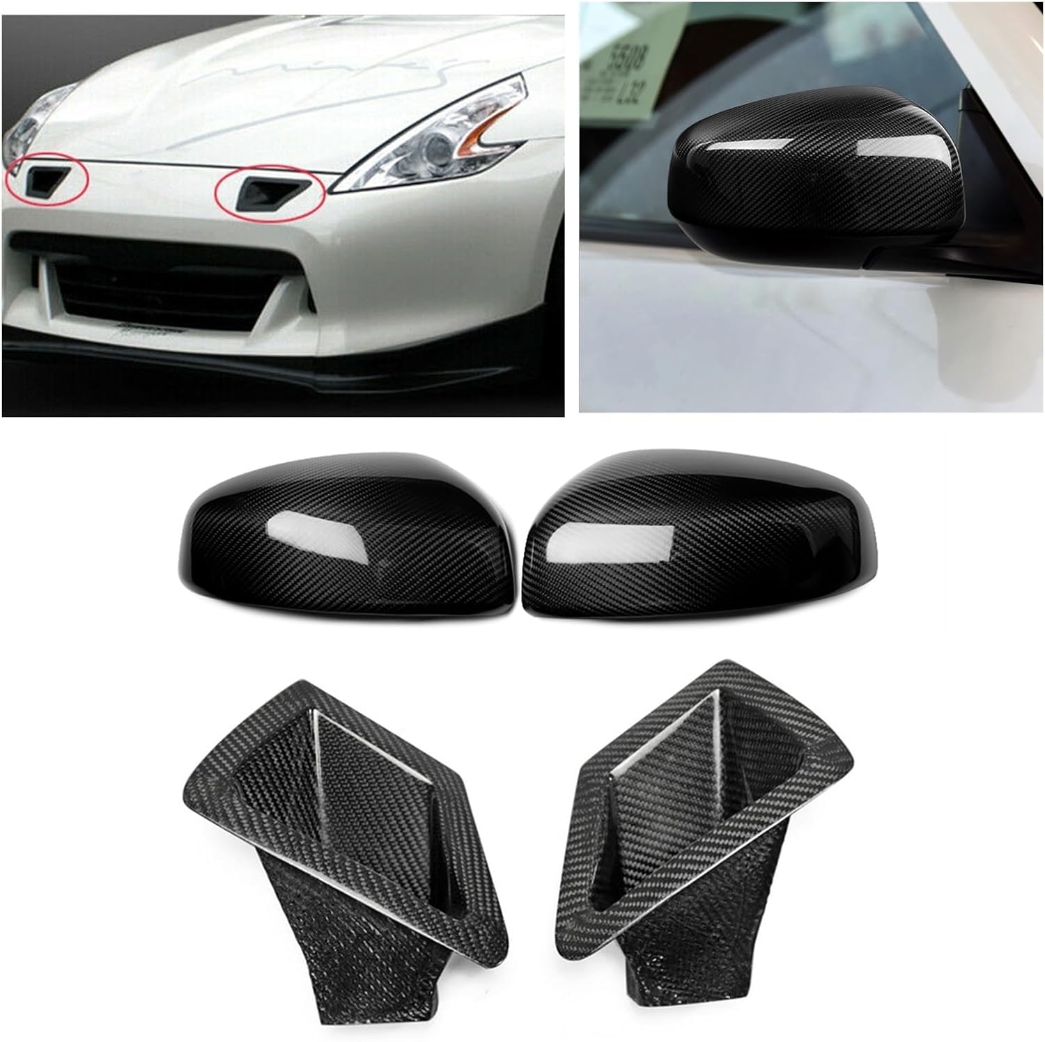 BRAND, CATEGORY, EXTERIOR MIRRORS, ROOFYS, Compatible For Nissan 370Z Z34 2009-2017 Carbon Fiber Rear View Mirror Cover Shell+Front Bumper Side Vent Air Duct Outlet Bonnet Hood Scoop (Color : Option B)