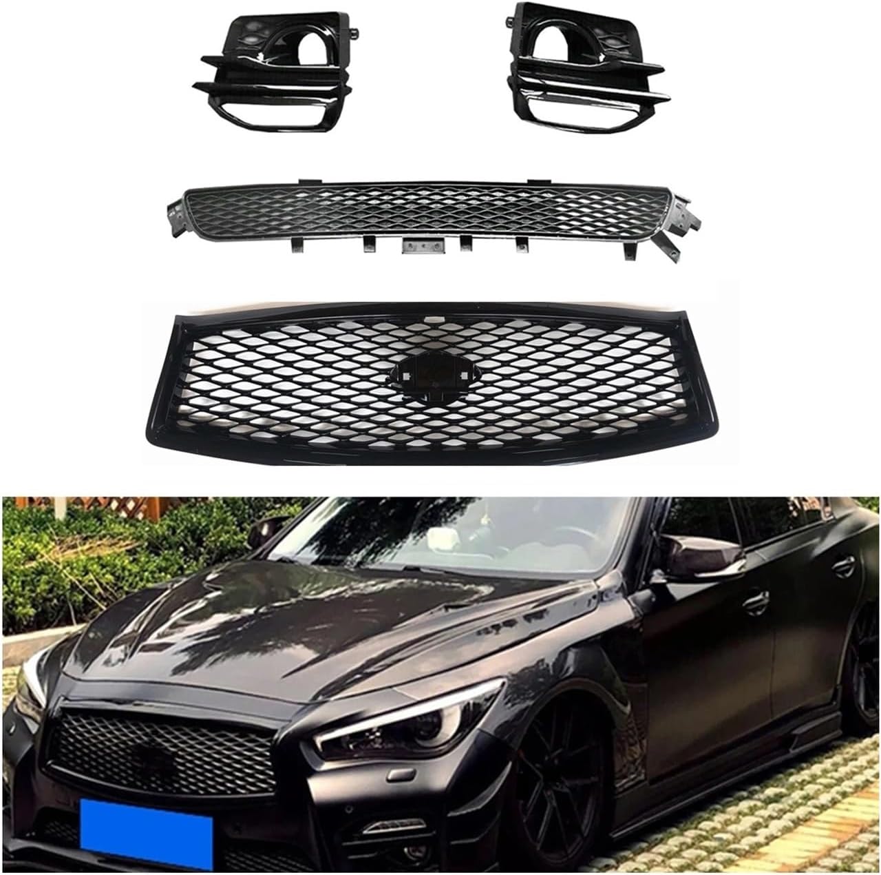 BRAND, CATEGORY, GRILLES, OKLCJUN, Compatible for Infiniti Q50 2014-2017 Sport Front Upper Bumper Hood Grille+Lower Grill+Fog Light Cover Frame Car Side Air Vent Mesh Trim, Glossy Black