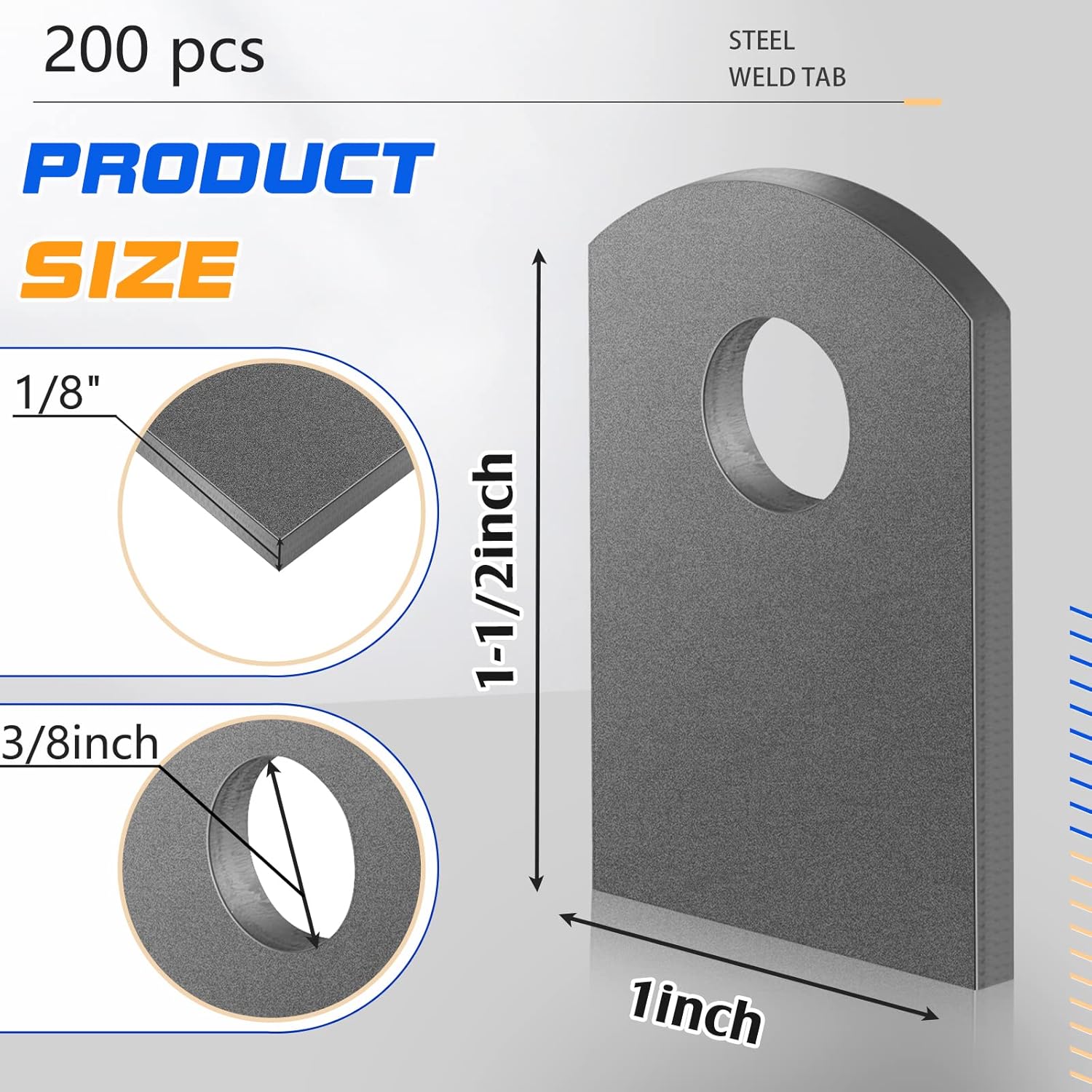 BRACKETS, BRAND, CATEGORY, DUNZY, Dunzy Steel Weld Tab 1" W, 1 1/2" H, 3/8" Hole, 1/8" Thickness Steel Flat Tab Brackets Weld on Light Tabs for Steel Projects Needing to Be Anchored, Mild Steel for Easy Welding (50 Pcs)