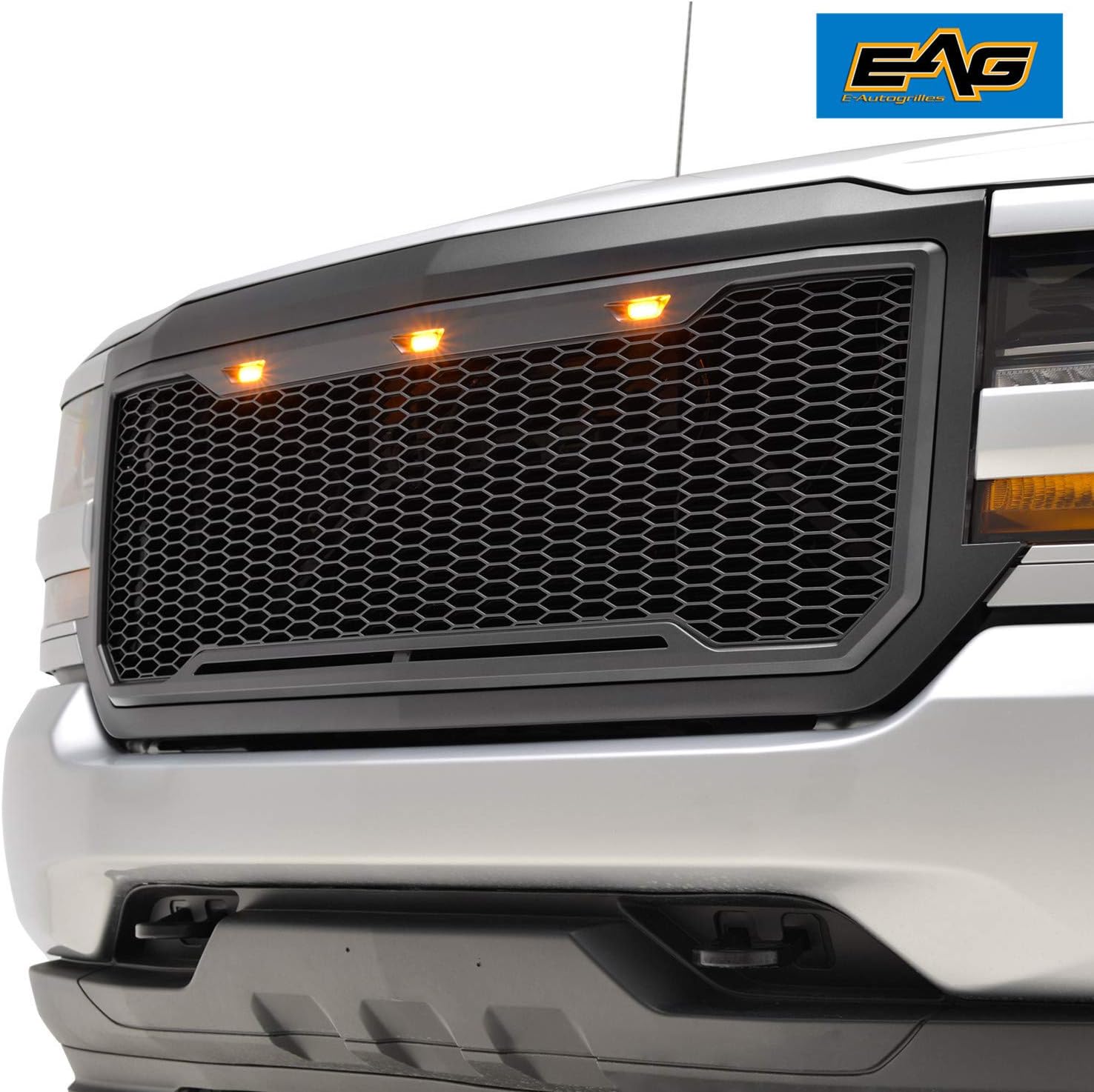 BRAND, CATEGORY, EAG, GRILLES, EAG Replacement Upper ABS Grille Front Hood Grill with Amber LED Lights - Matte Black Fit for 16-18 Silverado 1500