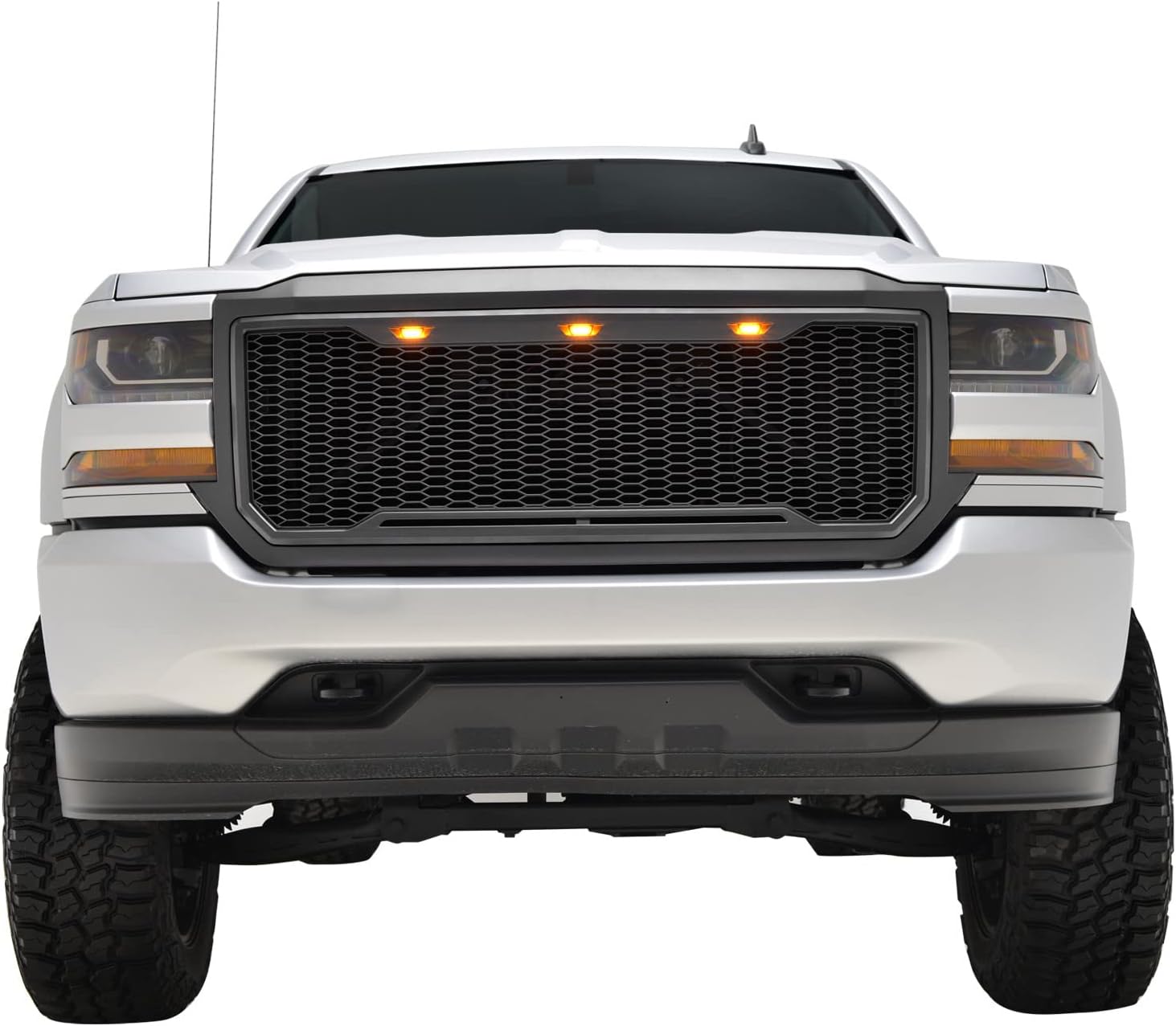 BRAND, CATEGORY, EAG, GRILLES, EAG Replacement Upper ABS Grille Front Hood Grill with Amber LED Lights - Matte Black Fit for 16-18 Silverado 1500