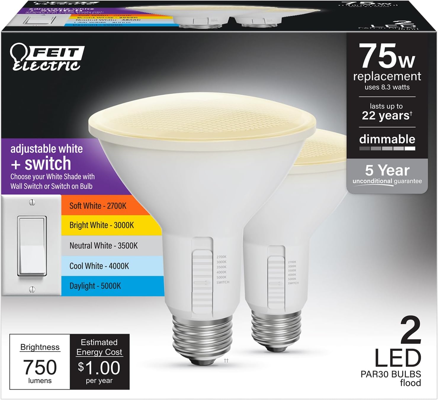 BRAND, CATEGORY, FEIT ELECTRIC, LED BULBS, Feit Electric PAR38 LED Light Bulb, 90W Equivalent, Dimmable, Color Selectable 6-Way, E26 Medium Base, 90 CRI, 1000 Lumens, Wet Rated Track Light Bulb, 22-Year Lifetime, PAR38DM/6WYCA/2, 2 Pack