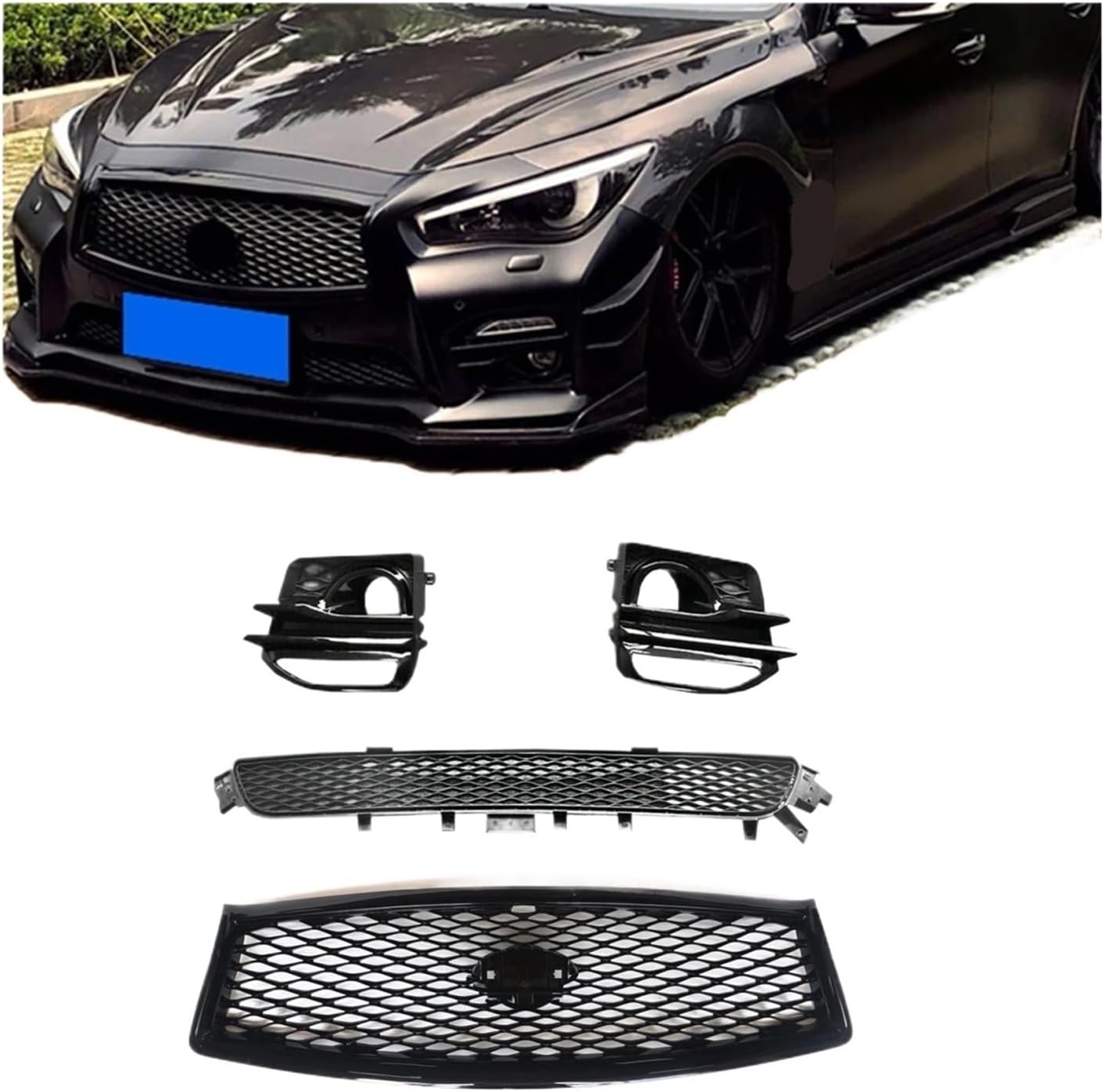 BRAND, CATEGORY, GRILLES, YABXINHE, Fog Light Cover Frame Hood Mesh Side Air Vent Trim & Front Upper Grille & Lower Grill Compatible For Infiniti Q50 Sport 2014-2017