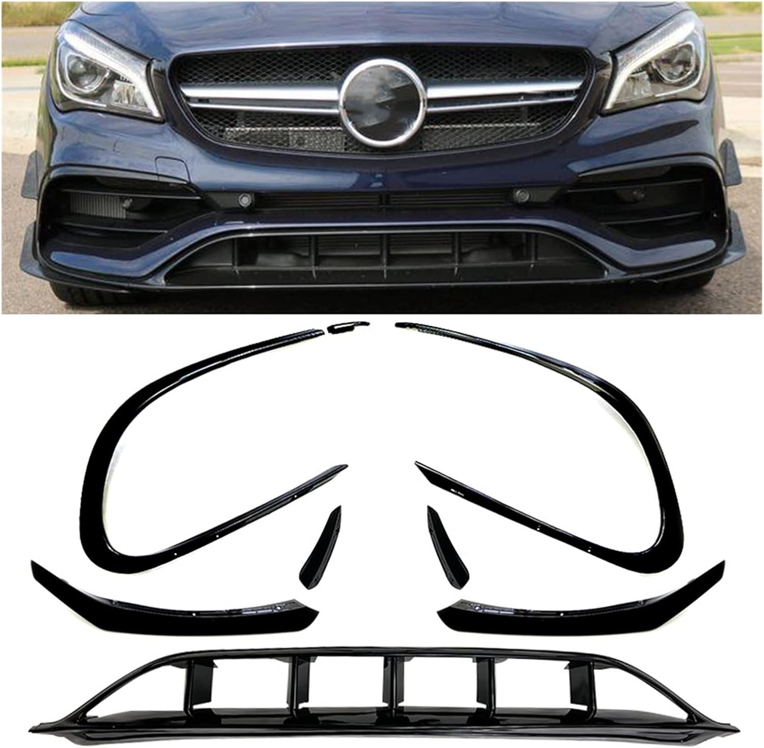 AKOSOL, BRAND, BUMPERS, CATEGORY, Front Bumper Lip Splitter Canard Trim Compatible for Mercedes Benz CLA C117 CLA200/220 2016-2019 Glossy Black Spoiler Air Vent Hood Grille