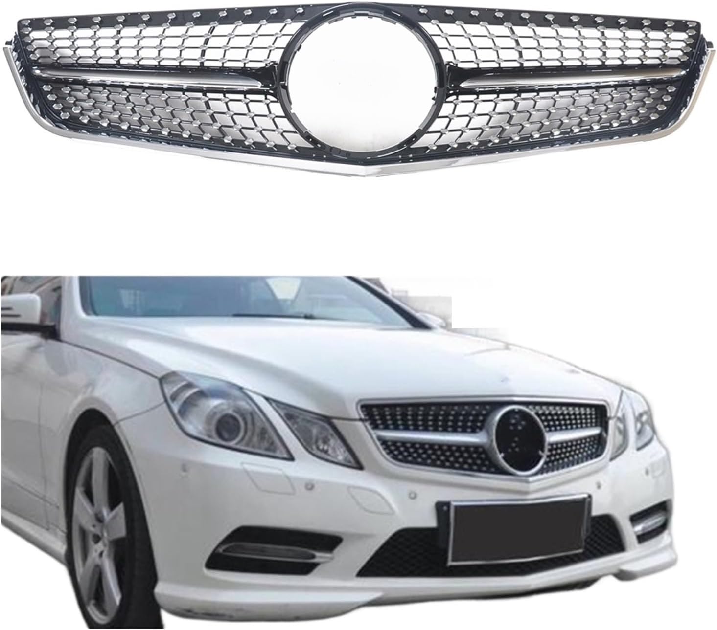 BRAND, CATEGORY, GRILLES, WGQSEXDY, Front Grill Grille Compatible For Mercedes Benz E Class W207 C207 Coupe 2009-2013 E300/E350 Black Diamond Style Car Upper Bumper Hood Mesh(Silver)