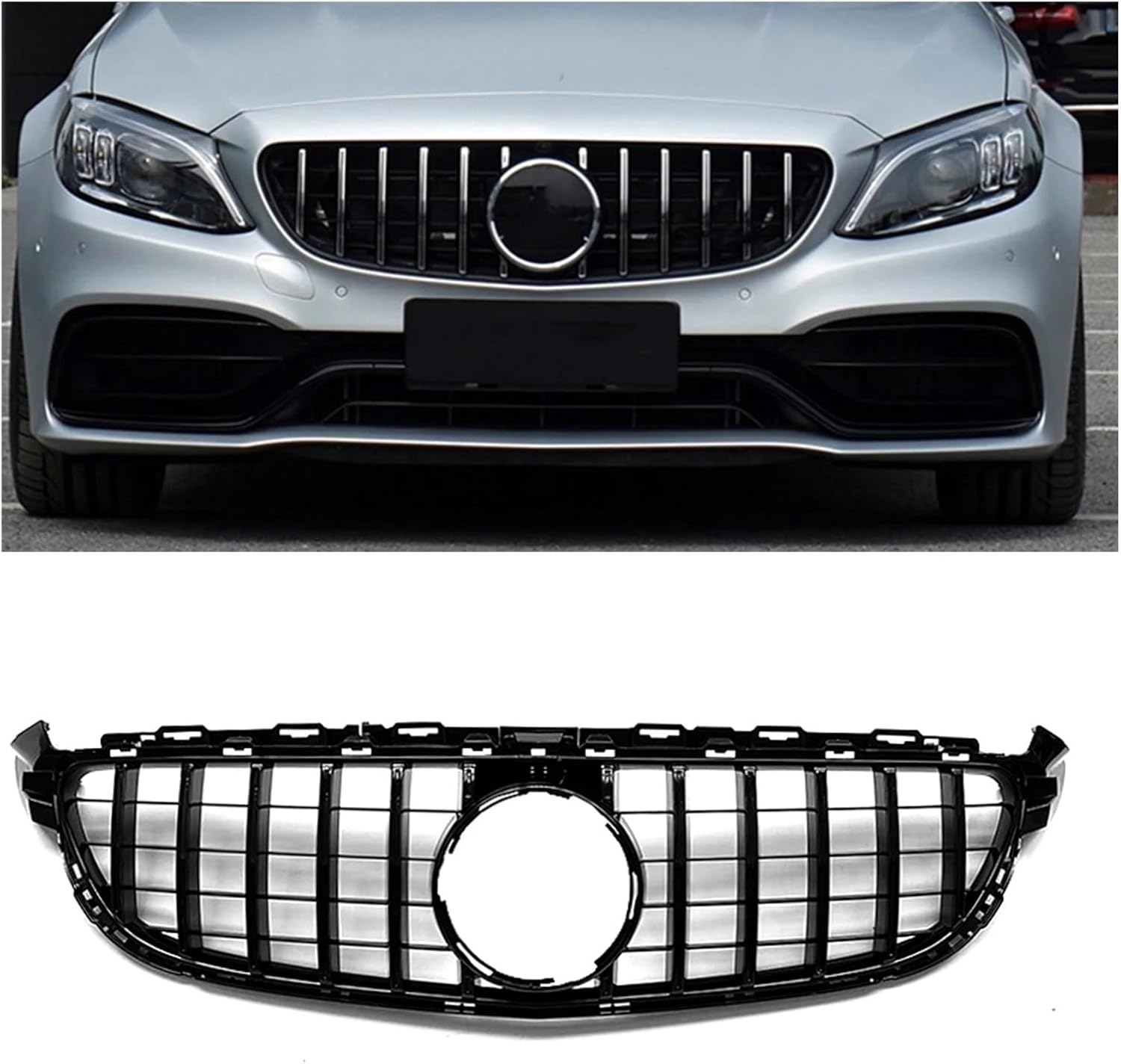 BRAND, CATEGORY, GRILLES, PDSENG, Front Grille Compatible for Mercedes Benz W205 C63 C63S AMG 2015-2018 GT Style Black/Silver Car Upper Bumper Hood Mesh Grid Racing Grills(Black1)