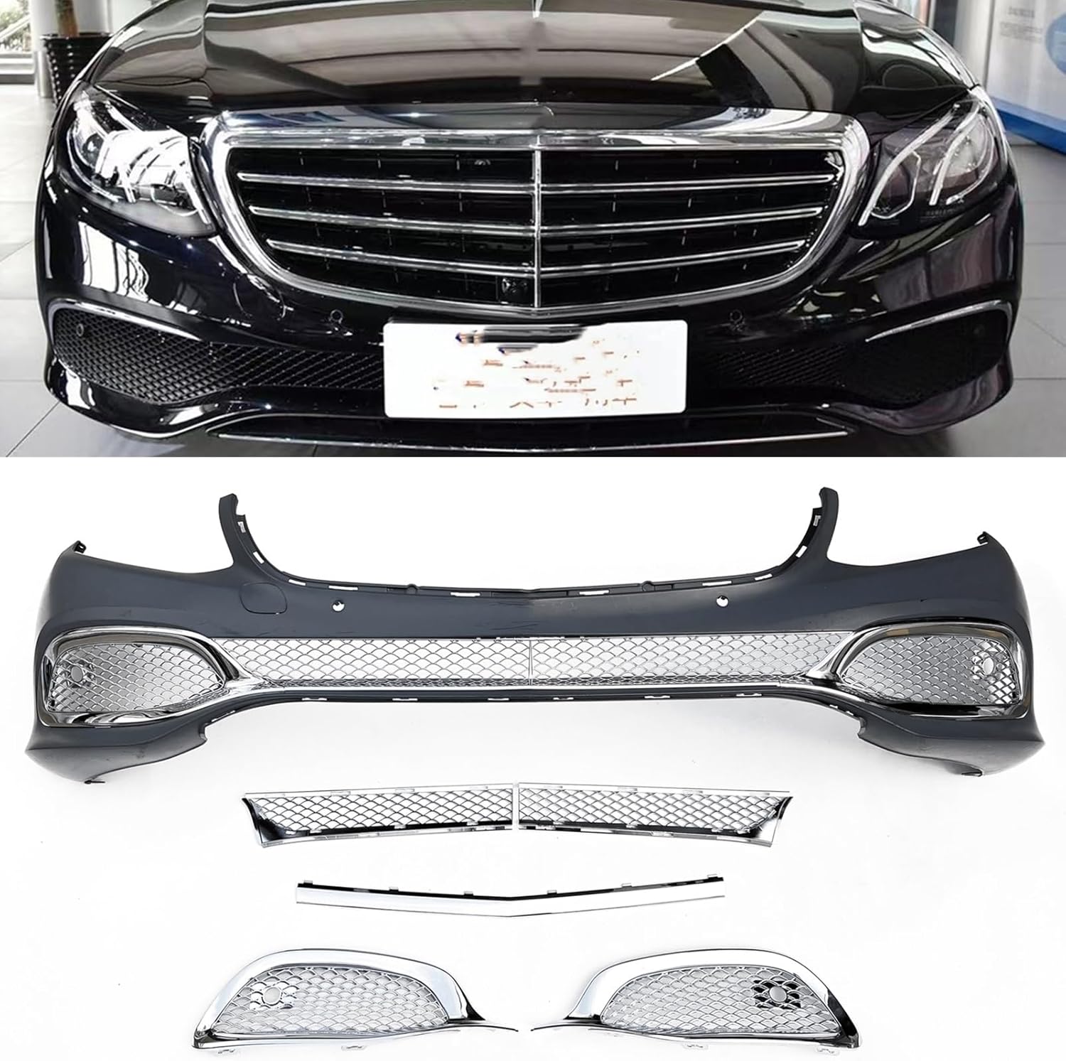 BRAND, BYJXCD, CATEGORY, GRILLES, Front Grille Kit Compatible For Mercedes Benz W213 E Class 2016-2020 Sedan 4-Door Chrome Side Air Vent Lower Bumper Hood Cover Mesh Grill