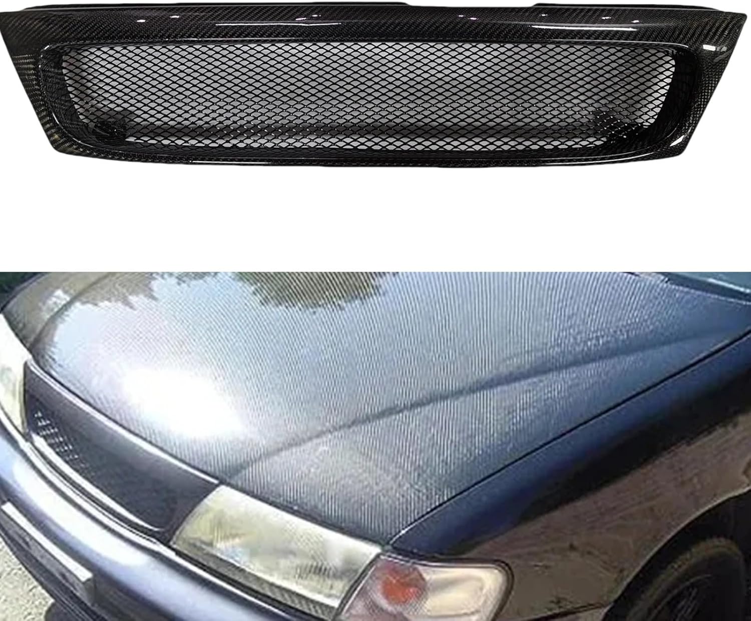 BRAND, BZRBDFC, CATEGORY, GRILLES, Front Grille Racing Grill Upper Hood Vent Mesh Grid Compatible for Nissan Sentra 200SX Lucino 1995-2008(Carbon Fiber1)